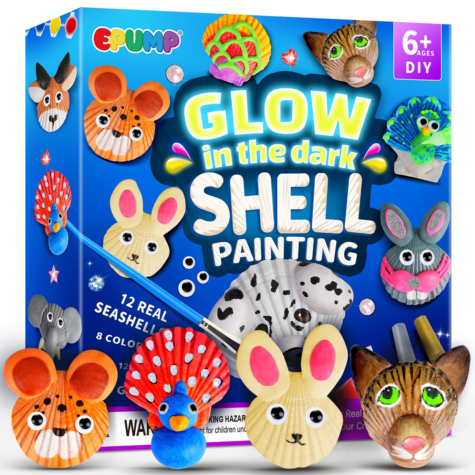 EPUMP 12Pcs Shell Painting Kit for Kids - Glow in The Dark Arts and Crafts Supplies Kits for Girls Boys - Kids Activities Creative Art Set Birthday Gifts DIY Paint Toys for Age 6 7 8 9 10 11 Years Old