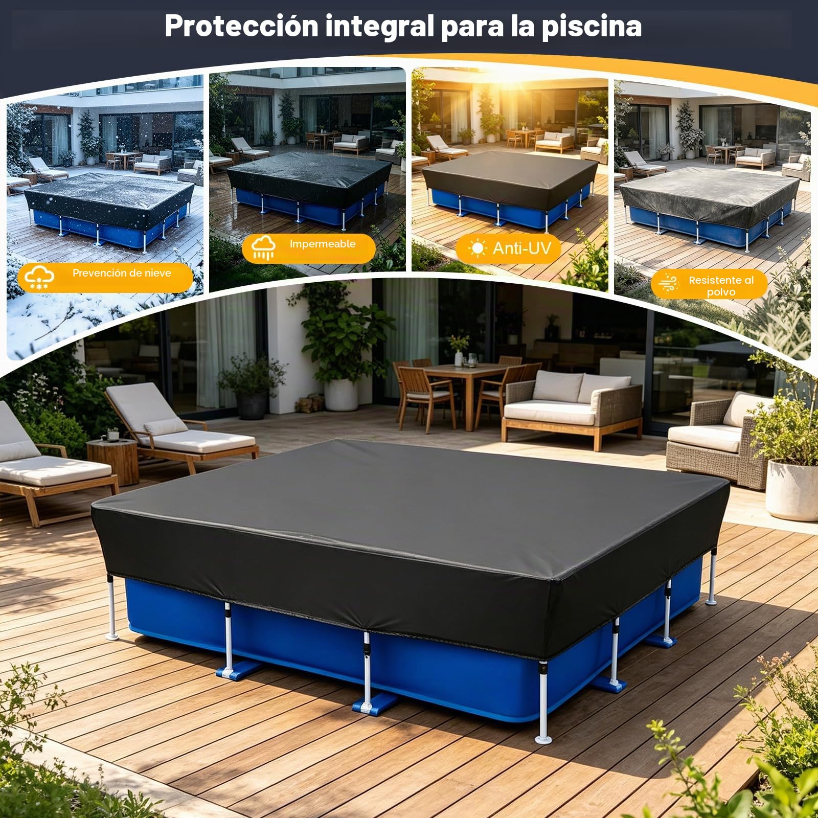 Cubierta de Piscina Rectangular con Fijar lengüetas de tracción e Cordones, Funda Piscina con Tapa Profunda, Resistente al Viento y a la Lluvia, a Prueba de Polvo para jardín al Aire Libre