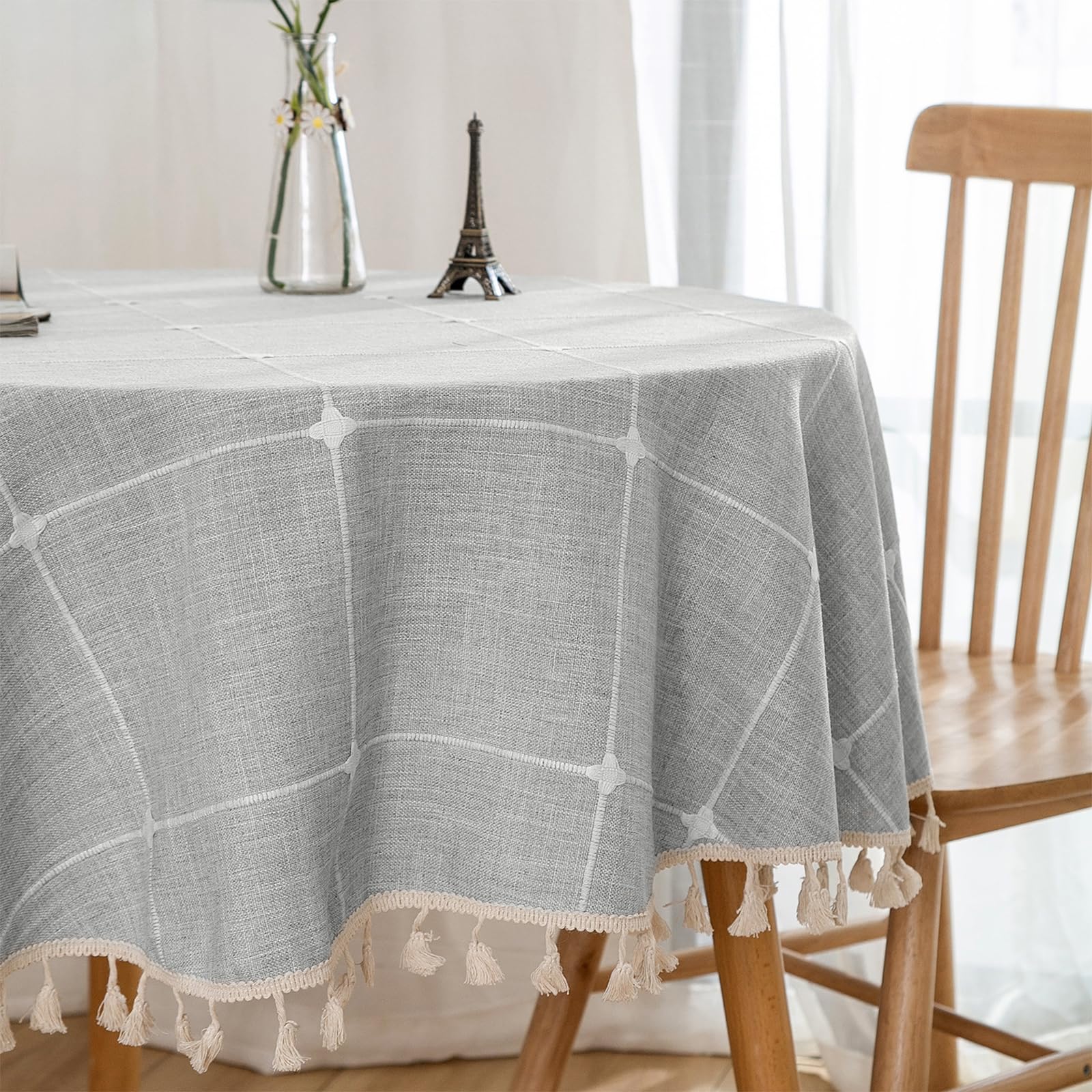 KUAOOAUK Mantel Redondo, Funda de Mesa de Borla, sin Arrugas, Funda para Mesa de Cocina, Cena, Fiesta, Camping, Vacaciones, Granja rústica, Exterior (Grid, Redonda 140x140 cm)