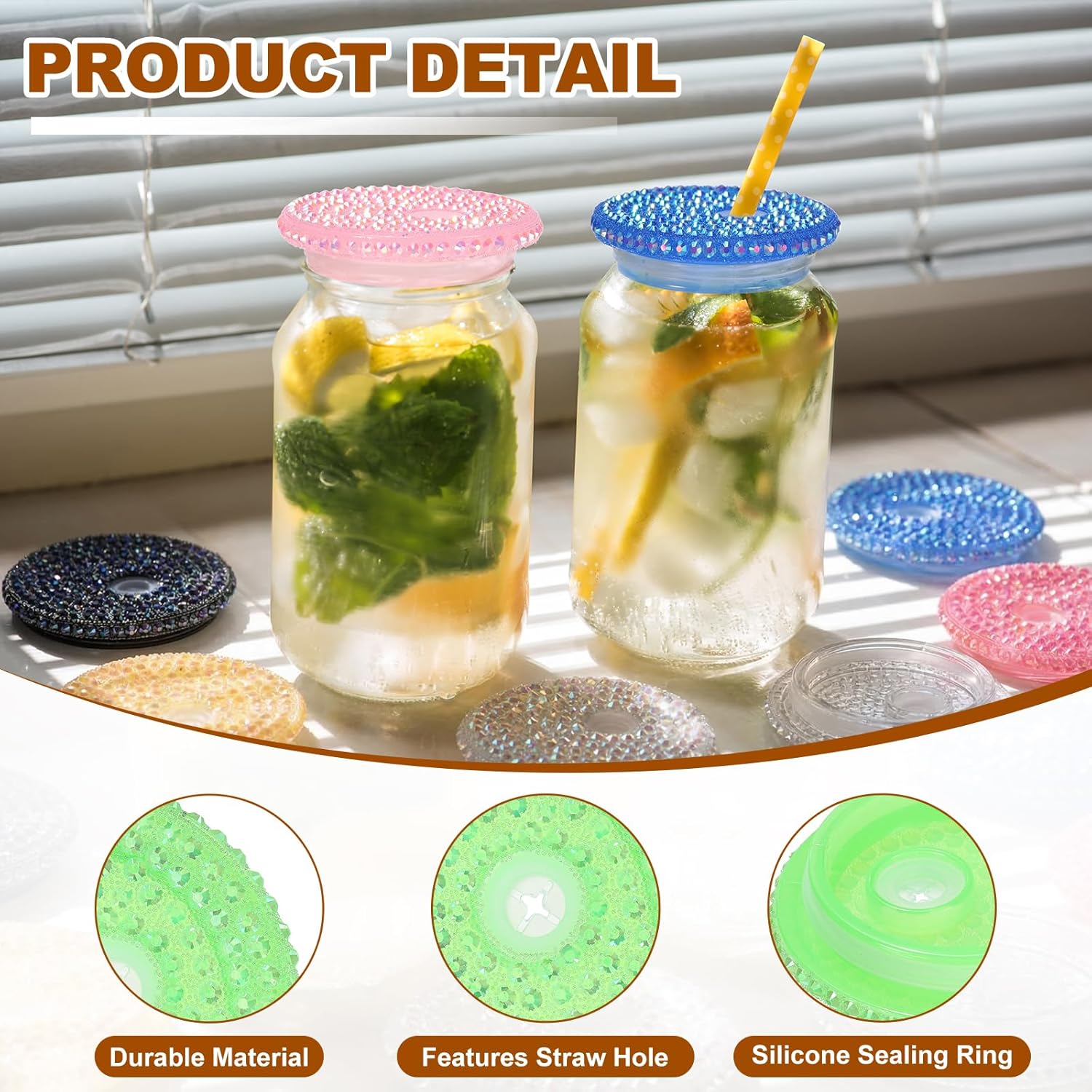 uxcell Acrylic Lids for 16 oz Glass, Reusable Plastic Tumbler Replacement Lids Rhinestone Canning Caps with Hole for Beer Can Drinking Glasses Tumblers, Fruit Green Iridescent