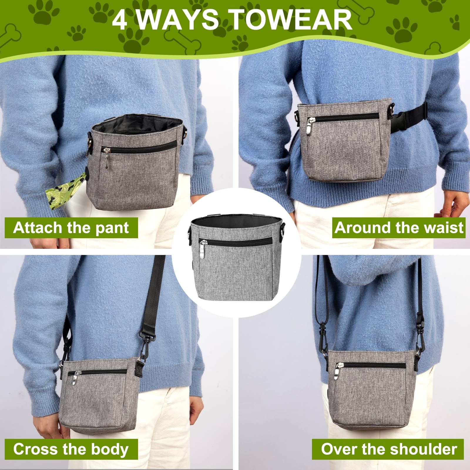 Dog Treat Pouch with Magnetic Closure - 3 Ways to Wear Dog Training Treat Bag with Waist Belt, Shoulder Strap & Metal Clip, Built-in Poop Bag Dispenser, Hands-Free Dog Training Treat Pouch - image 7