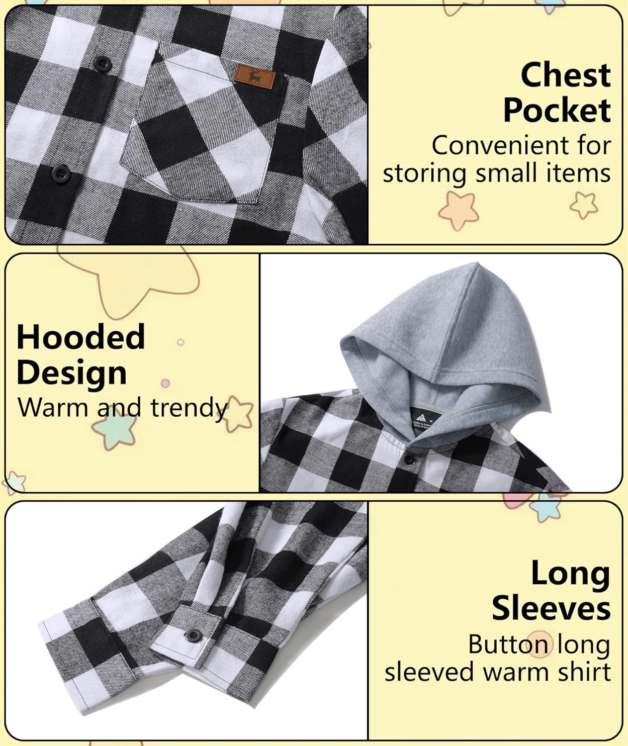 Boys Long Sleeve Button-up Shirt with Hood Unisex Kids Cotton Plaid Hoodie Flannel Fall Shirts for 6-15 Years - Image 5