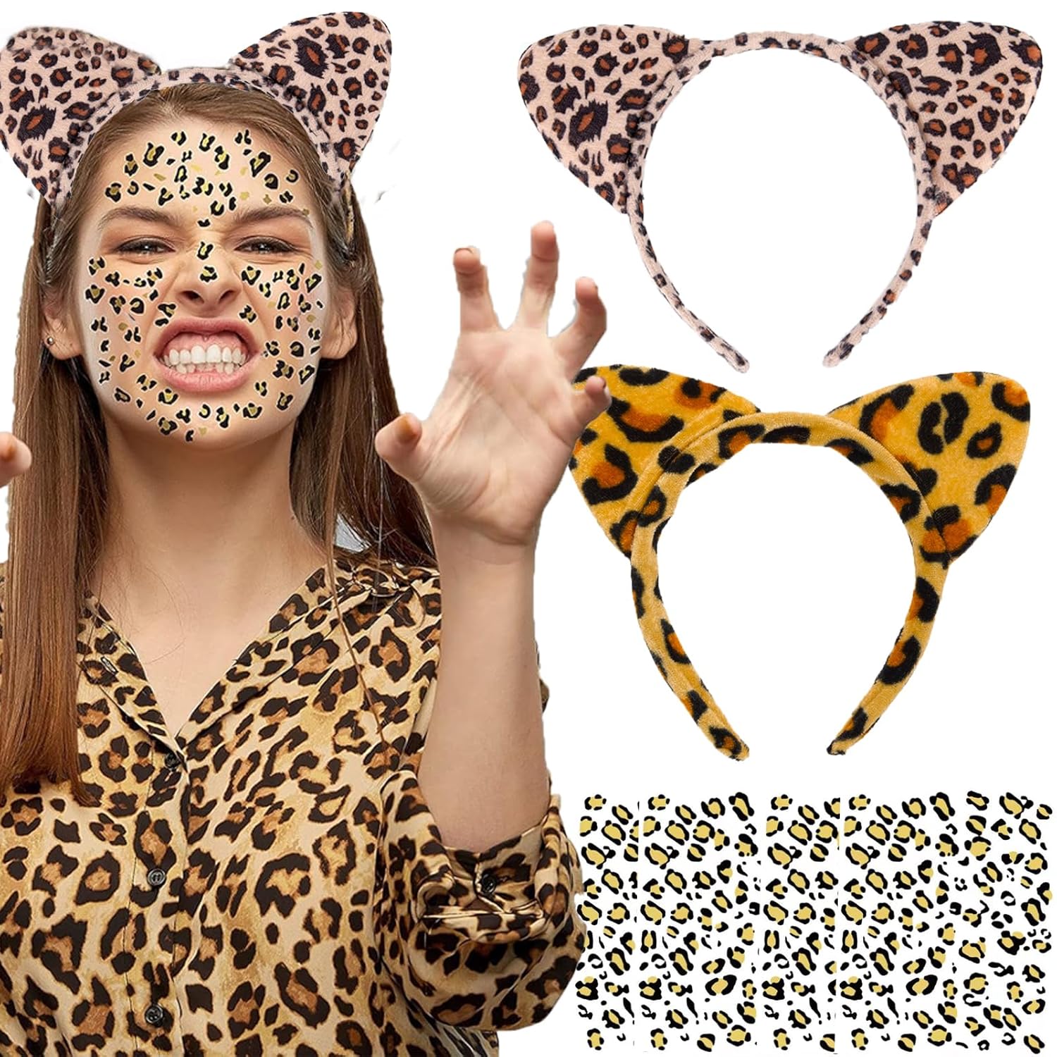 6 Pcs Cheetah Ears Headband with Leopard Temporary Tattoos