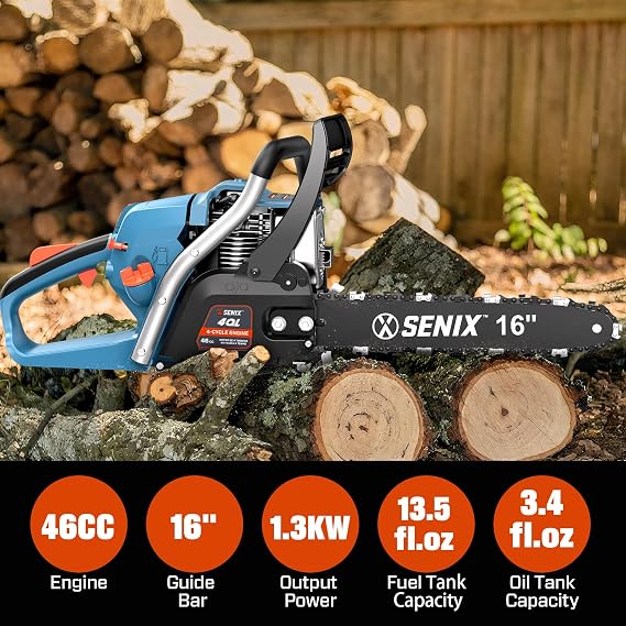 SENIX 16 Gas Chainsaw 46cc 4-Stroke Gas Powered Chainsaws, Cordless Chain Saw with Loop Handle for Wood Cutting and Tree Trimming, Low Emissions & Easy Maintenance, CS4QL-L3