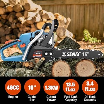 SENIX 16 Gas Chainsaw 46cc 4-Stroke Gas Powered Chainsaws, Cordless Chain Saw with Loop Handle for Wood Cutting and Tree Trimming, Low Emissions & Easy Maintenance, CS4QL-L3