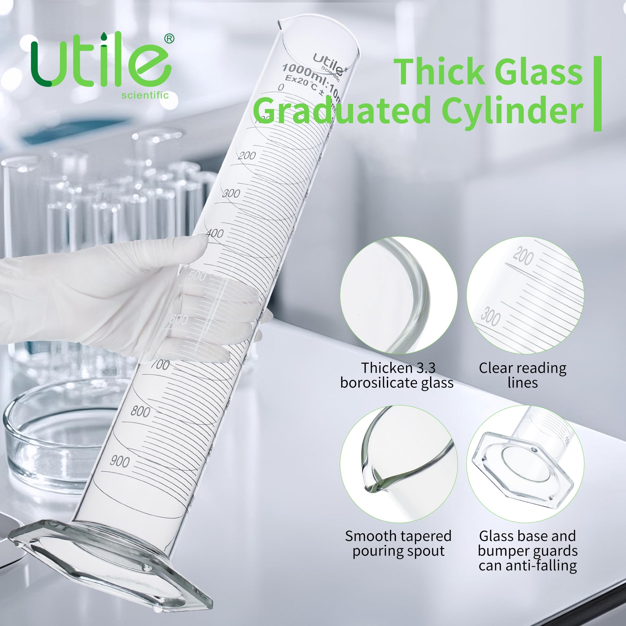 1 set di cilindri graduati in vetro da 1000 ml e 1 spazzola cilindrica, cilindro in vetro borosilicato 3.3 con base esagonale in plastica, cilindri da laboratorio in vetro, 4099.0124.1