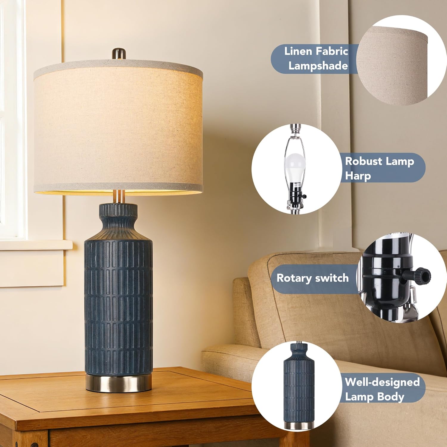 Modern Table Lamps, 26'' Ceramic Table Lamps Set of 2, Nightstand Lamps for Bedroom, Blue Desk Lamp, Bedside Lamps for Living Room, Unique Desk Lamp, Pearl Black Metal Base, Home Decor,2 Bulb Included