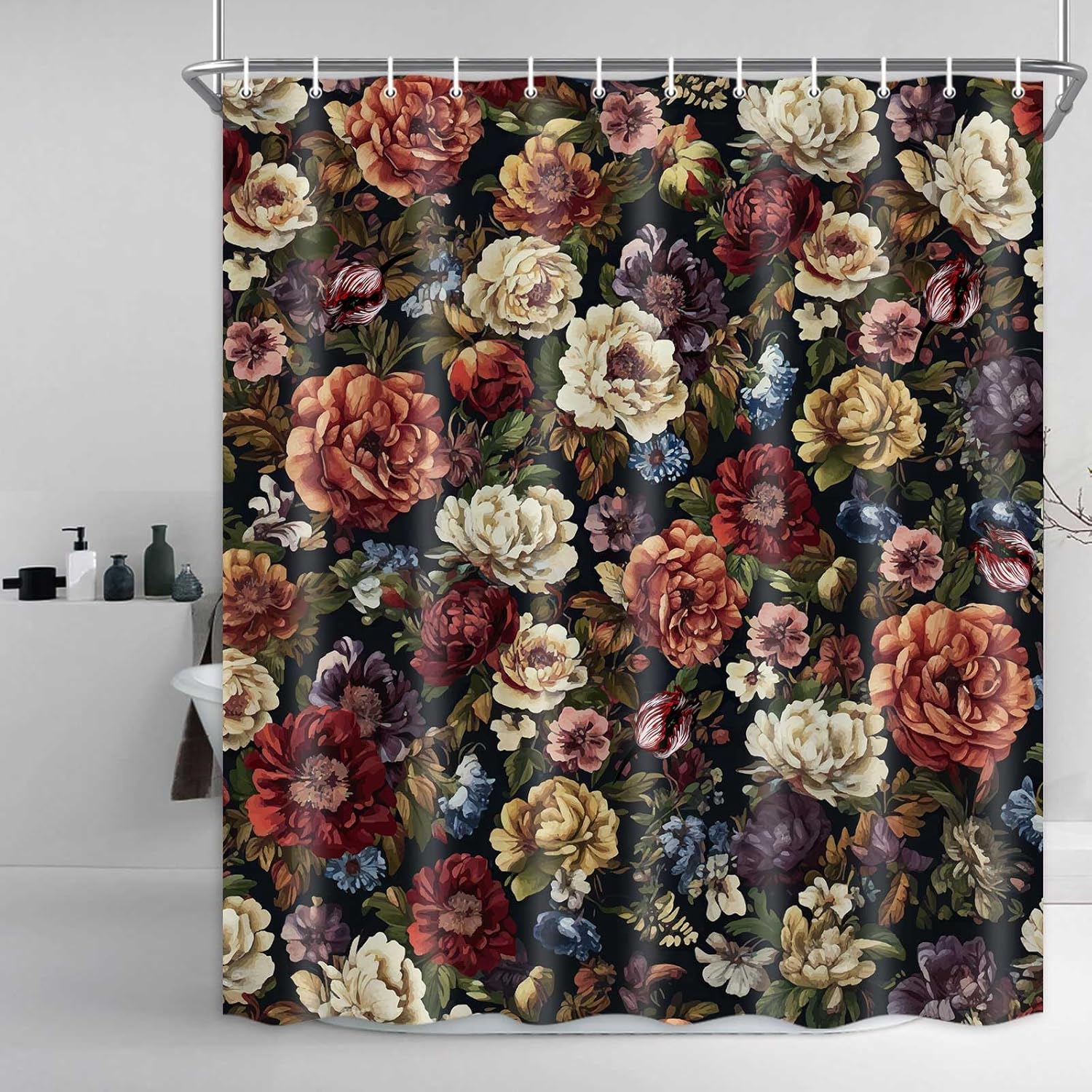 Drgilau Floral Shower Curtain for Bathroom, Vintage Floral Shower Curtain Set Red Flower Plants Bathroom Curtain Decor, Black Boho Floral Shower Curtain with 12 Hooks 69X78 Inch