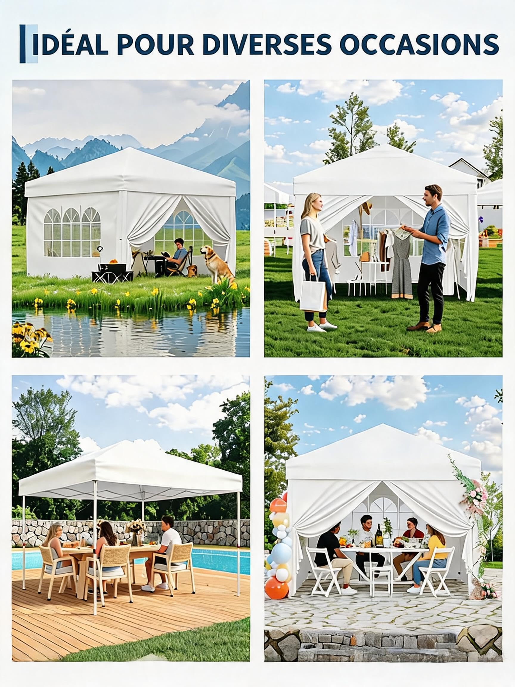 Tonnelle Pliante 3x3 Ht 2,7m Imperméable Fenêtres Église UV50+, Blanc