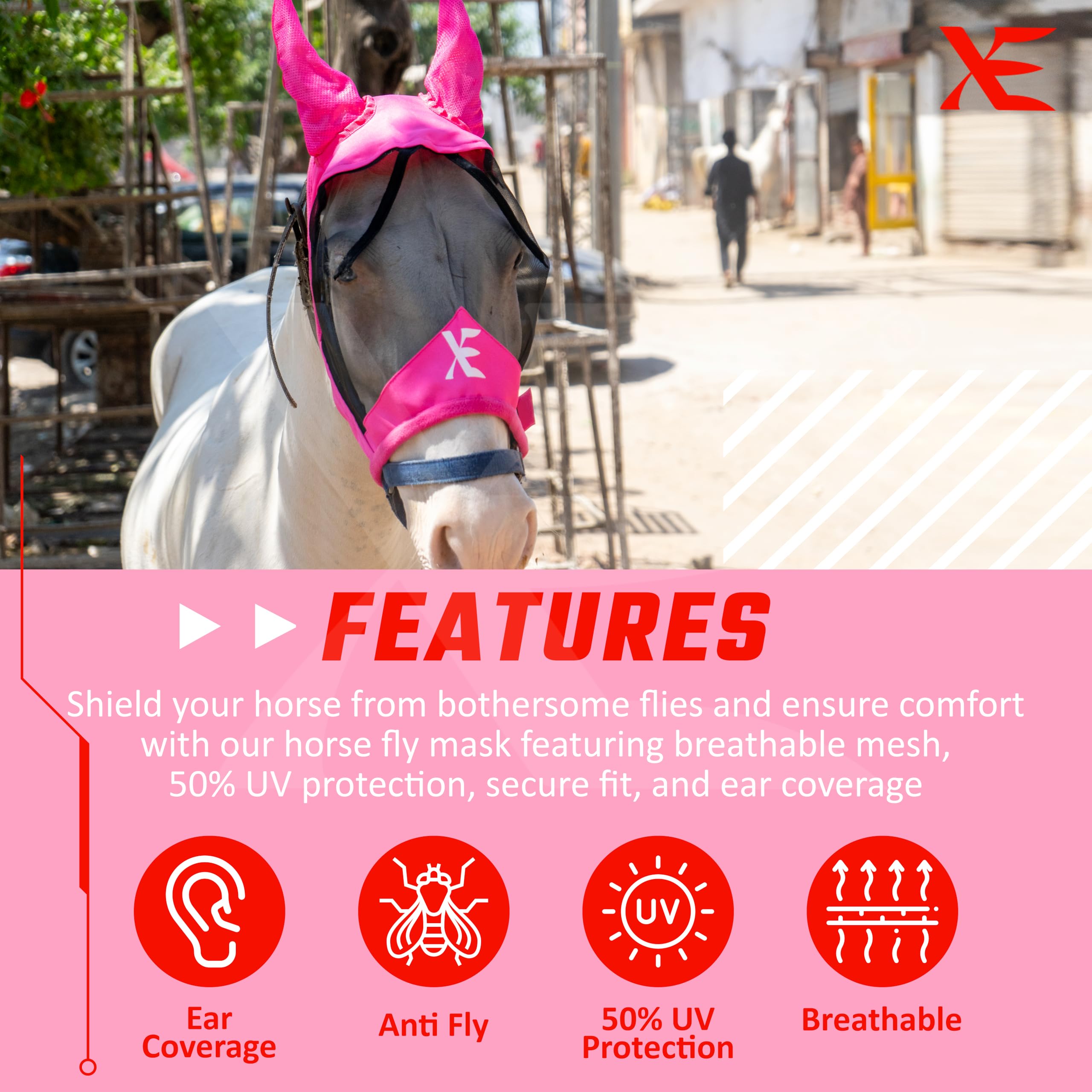 XE Máscara contra Moscas de Caballo con Orejas – Máscara de Caballo de Malla Transpirable para Cara Completa y Nariz para Protección UV y Mosca, Máscara Caballo (Half Pink Mask, COB (M))