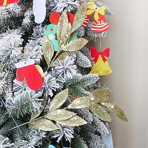 Miniatura 4 de KIMOBER 20 hojas artificiales de Navidad, con purpurina dorada, flores falsas, ramas para árbol de Navidad, corona, decoración de ramo de boda