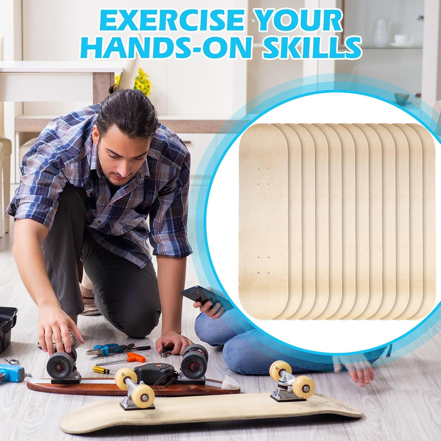 Meooeck 12 Pack Blank Skateboard Decks Bulk 7.9 x 31 Inch Natural 7 Layer Wooden Double Tail Plain Skate Decks for Replacement Art Painting Home Decor