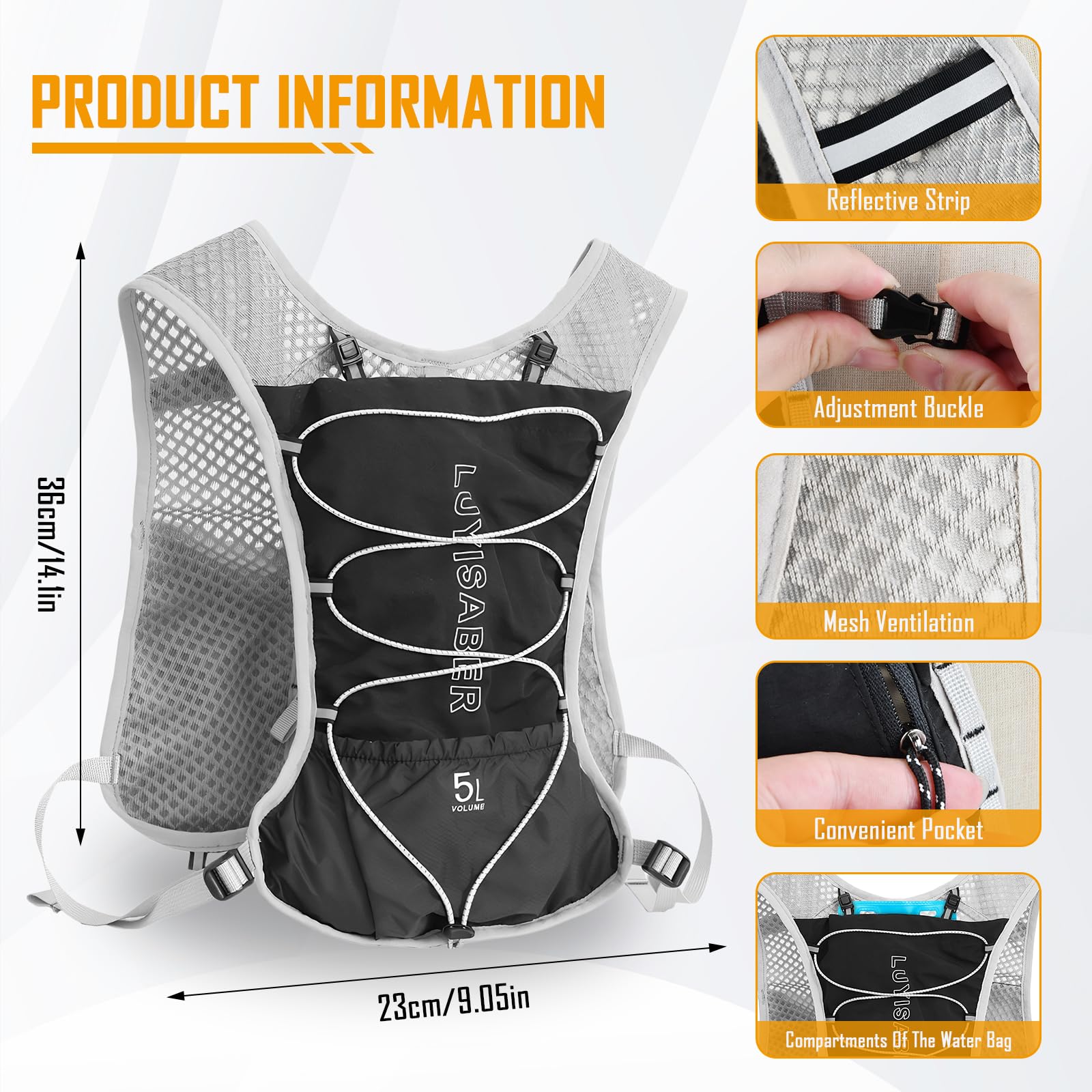 Zaino Trail Running, Gilet da Corsa per Donne e Uomini con Sacca d'Acqua da 2L, Cinghie Pettorali Regolabili, Zaino Idratazione per Escursionismo/Sentieri/Corsa/Maratone/Ciclismo