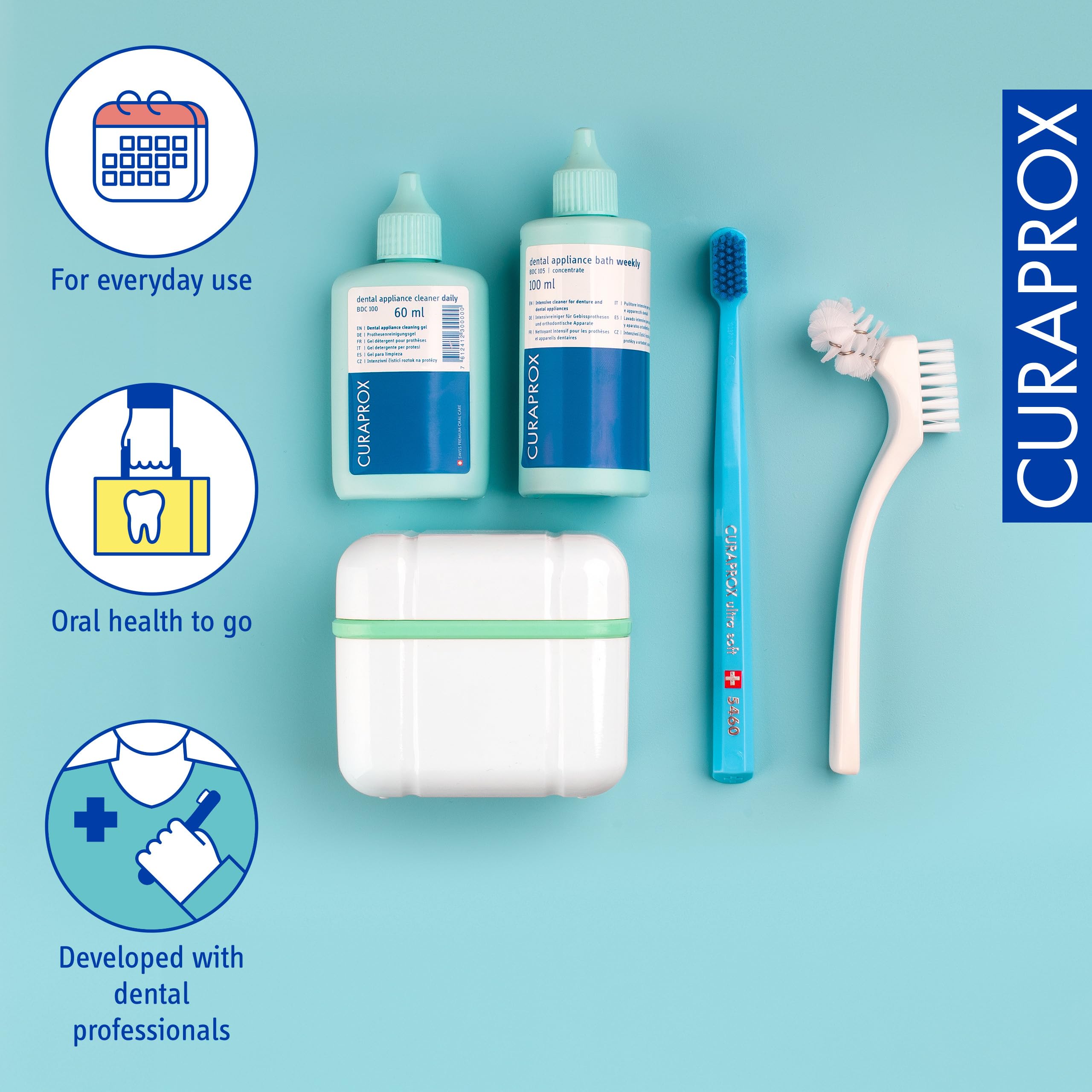 Curaprox BDC Juego de Limpieza Kit de Cuidado Completo para Dentaduras Postizas y Retenedores/Incluye Gel Diario, Concentrado Semanal, Cepillo y Caja de Limpieza/Hecho en Suiza