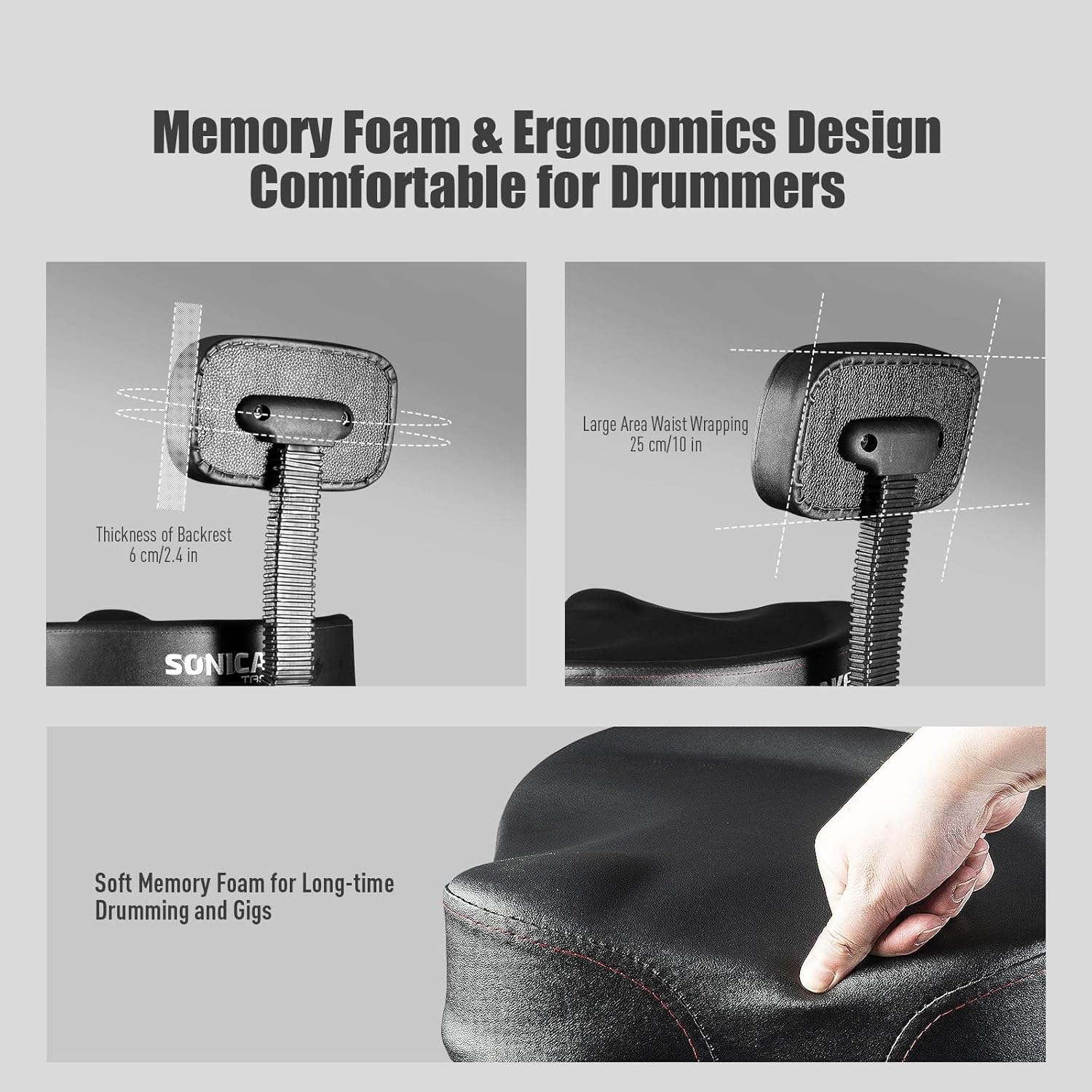 Detail of backrest attachment mechanism on the underside of the drum throne seat