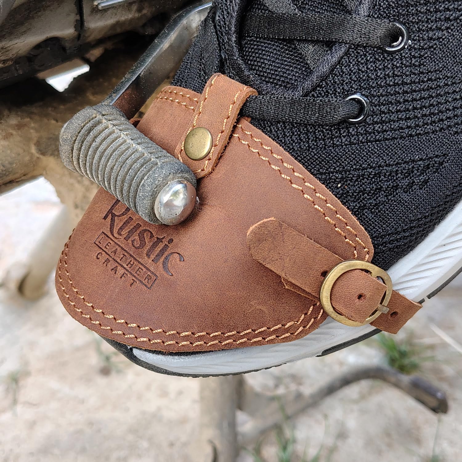 Leather Shoe Protector for Motorcycle Biker Riding, Adjustable Strap Gear Shift Pad, Anti-Slip Protection, Universal Fit (Rustic Brown)