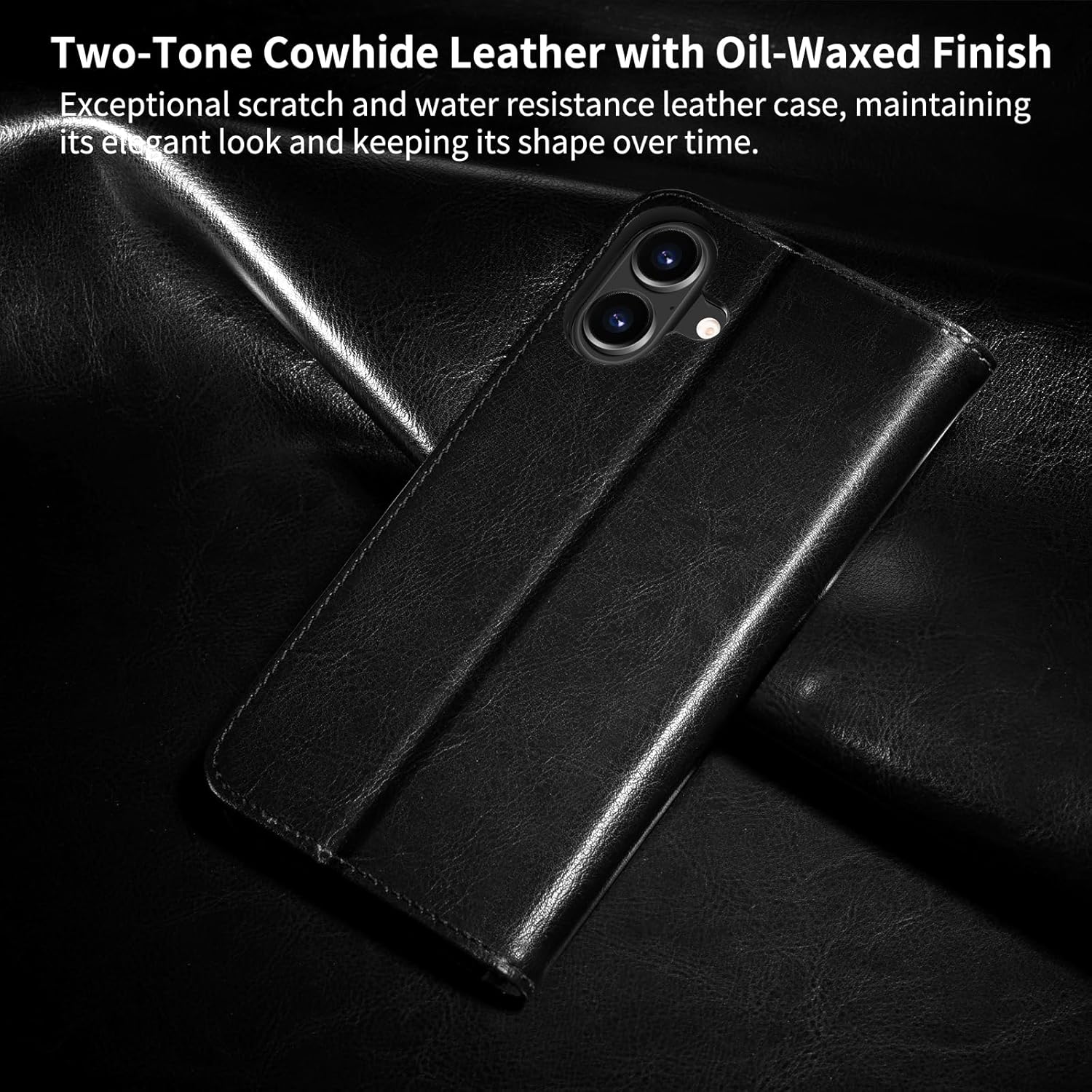 Belemay Leather Wallet Case Compatible with iPhone 17, Premium Cowhide Leather Two-Tone Effect, RFID Blocking Card Holders, Shockproof TPU Shell, Kickstand, Protective Flip Cover, 6.3", Black