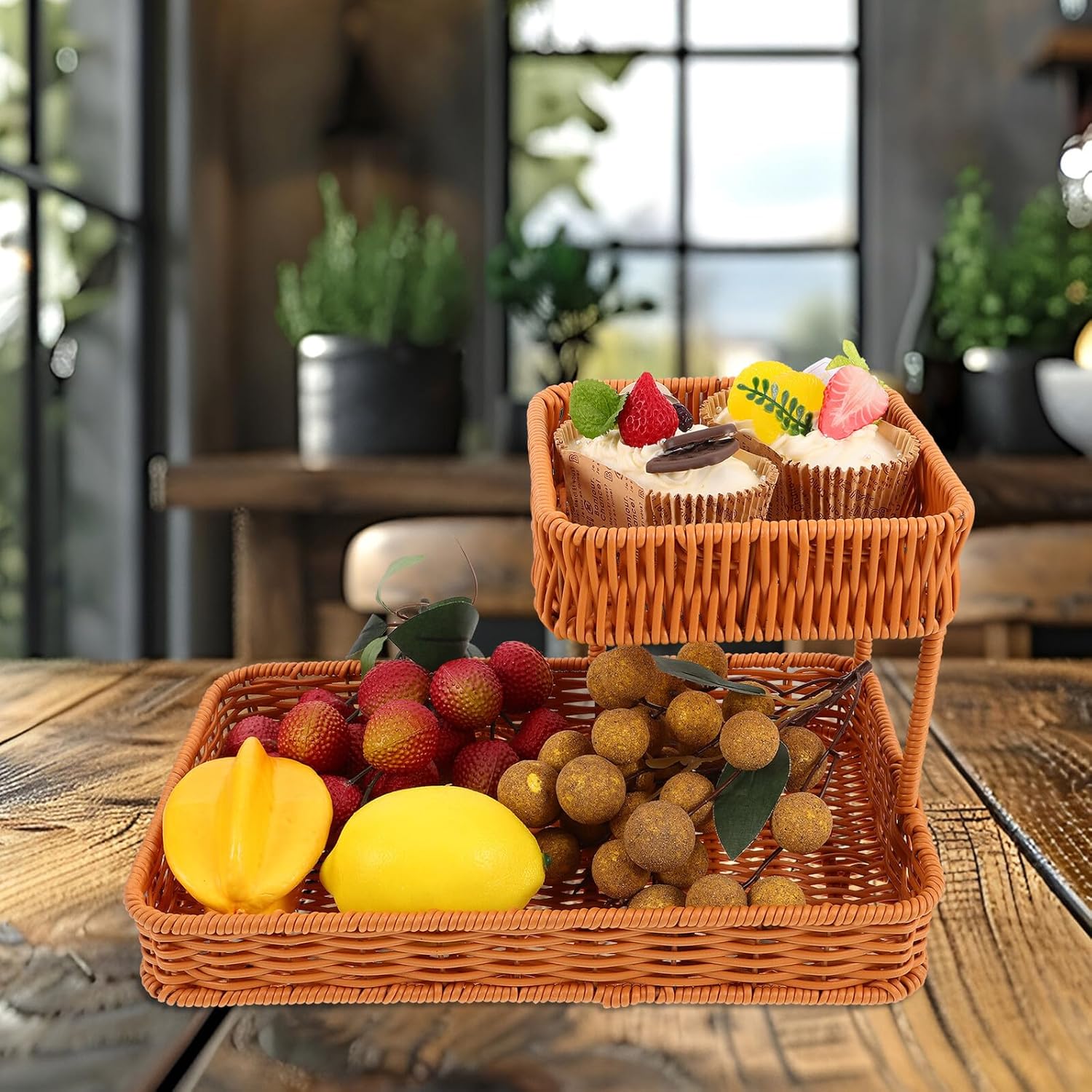 Tiered Snack and Fruit Basket Tray 33x21x20cm Imitation Rattan Handwoven Bread and Food Serving Basket for Kitchen Counter and Living Room Display