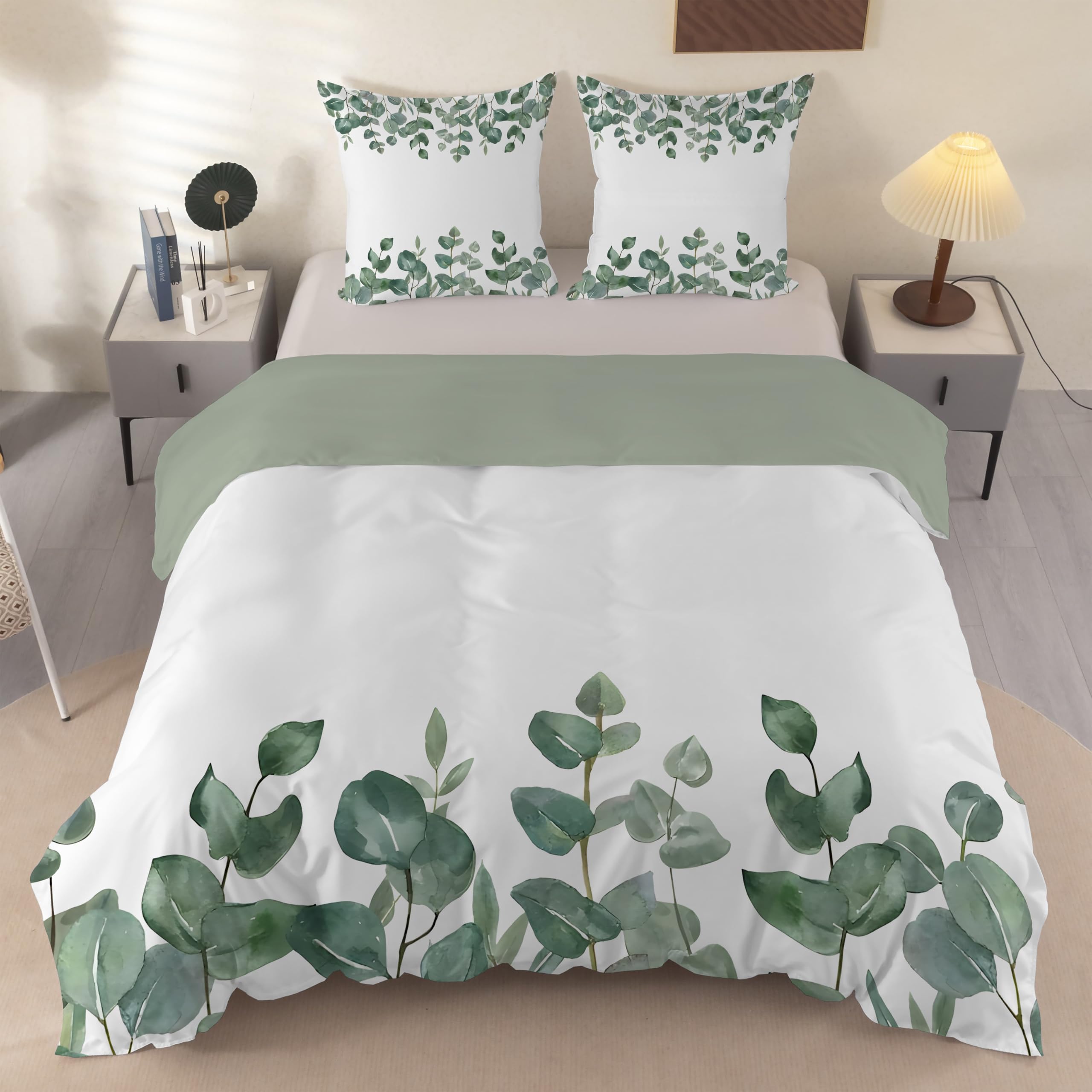 Housse de couette 2 personnes aquarelle avec taies d'oreiller motif feuilles H113
