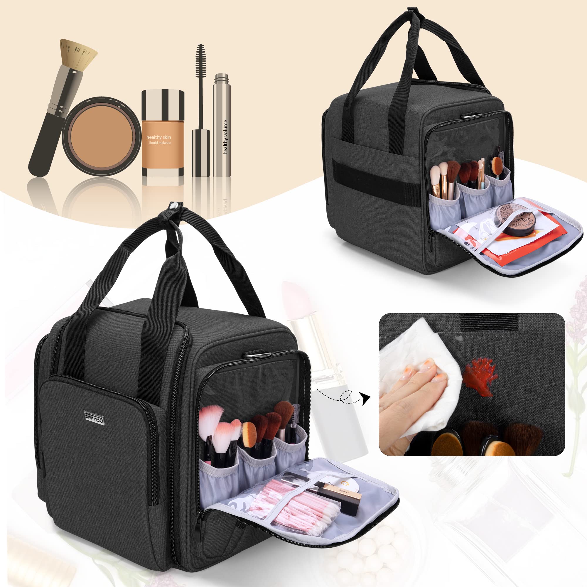 BAFASO Bolsa de Maquillaje de Viaje, Bolsa de Cosméticos 4 Estuches, Negro | Neceser Maquillaje con 4 Estuches Extraíbles, (Solo Bolsa)