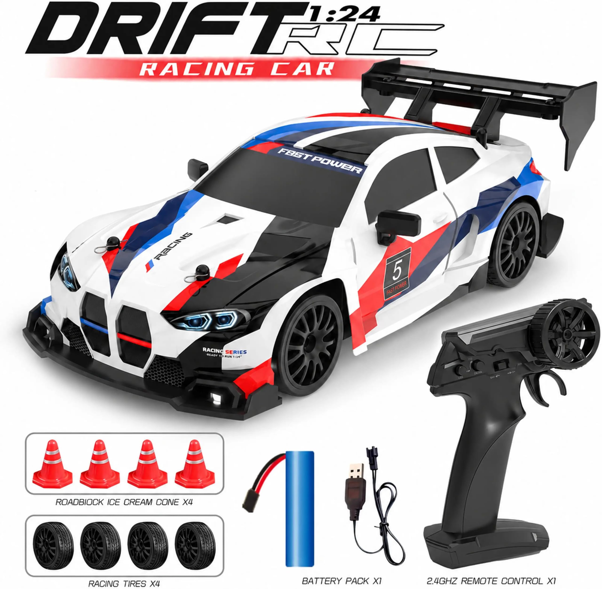 DWH BMV High Speed RC Drift Car 1:24 Scale | 2.4GHz Remote Control | USB Rechargeable | LED Lights | Extra Drift Tires | Racing Toy Car for Kids & Adults — Amazon image 2
