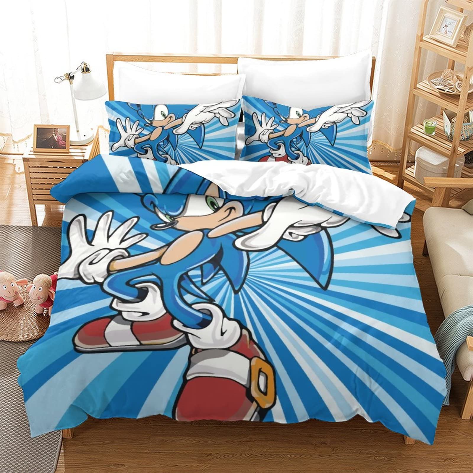 Sonic The Hedgehog Bedding Set 3D Duve! Cover for Kids Boys Girls Comforter Cover Soft Bedspread 3 P Iece Set with Z Oper Closure Soft Microfiber Queen（228x228cm）