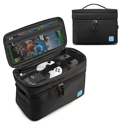 Ezgnuk Game Console Carrying Case Compatible with Xbox Series X, Portable Travel Storage Bag Comes with Protective, Enough Space for Storing Game Controllers, Cables, and Other Accessories.(Black)