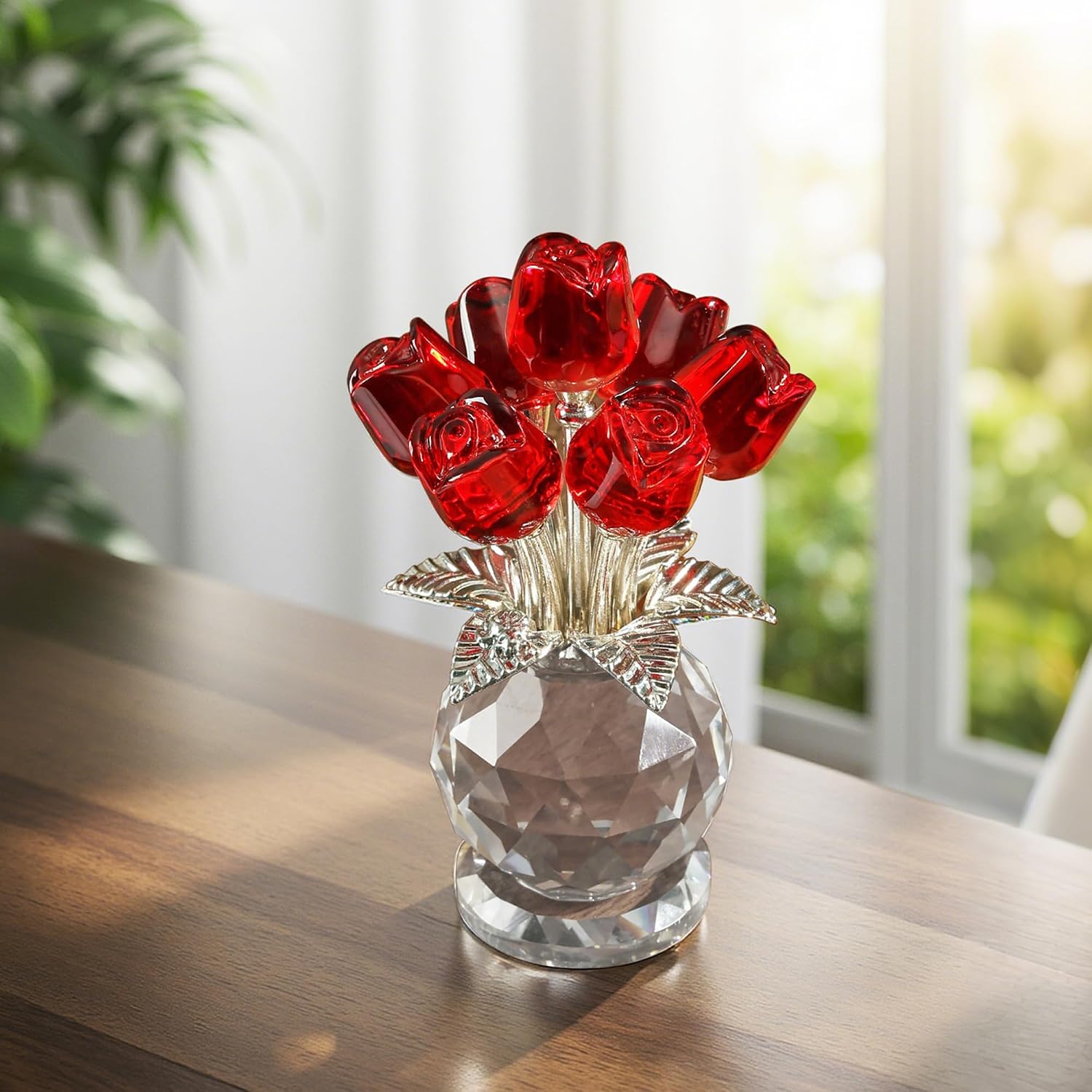 Crystal Red Rose Flower Collectible Figurine with Base Glass Rose Figurine | Solid Thick Glass, Durable & Scratch Resistant