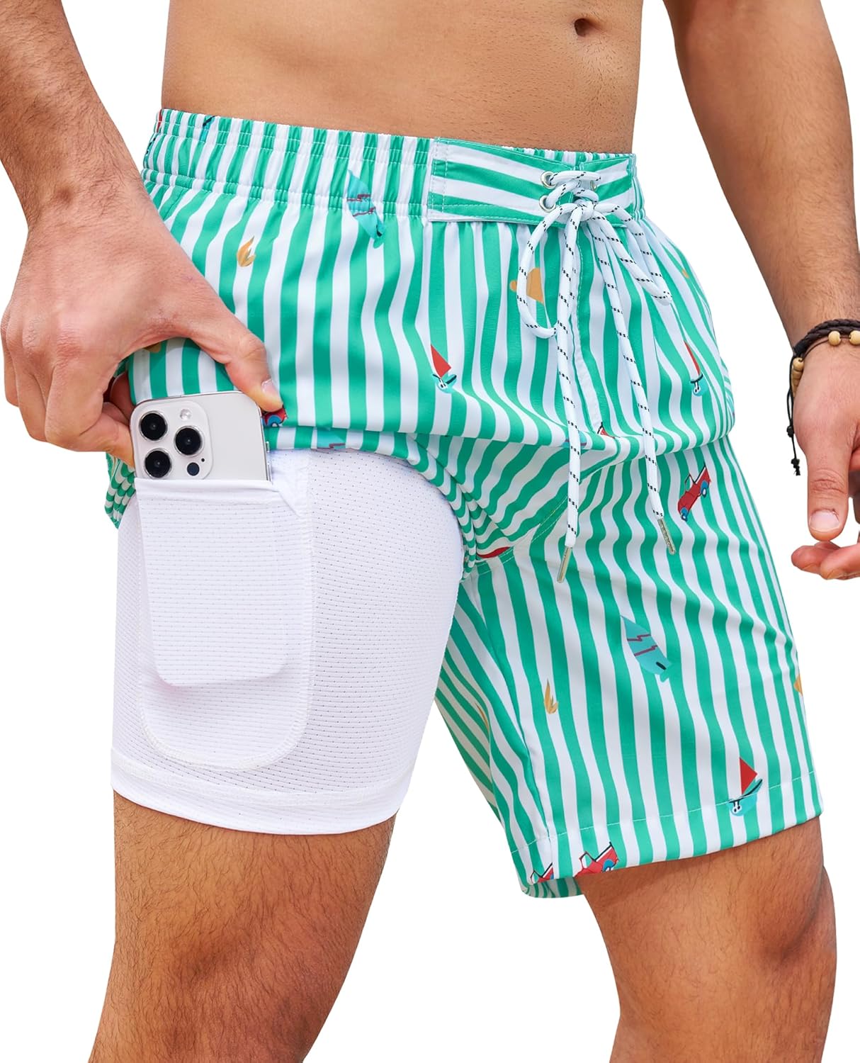 7inch Mens Swim Trunks: 2 in 1 Compression Stretchy Quick Dry Comfort Soft Drawstring Zipper Pockets Beach Pool