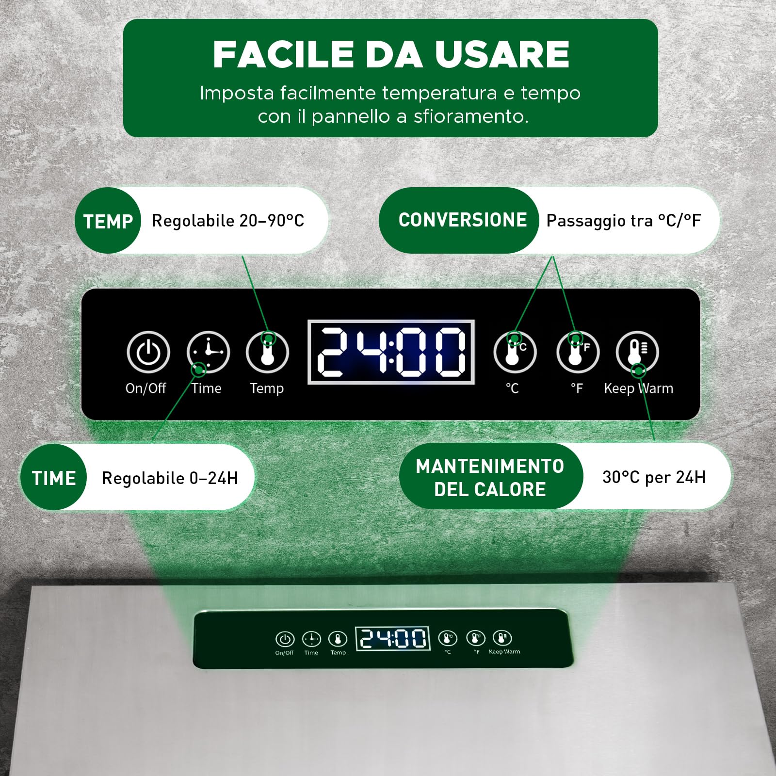 Kwasyo Essiccatore Alimentare in Acciaio Inox DA 1000, superficie di essiccazione XXL 1,8 m², temperatura regolabile 30-90℃, display LED, 24 ore, senza BPA, con ricettario, 10 vassoi in acciaio inox