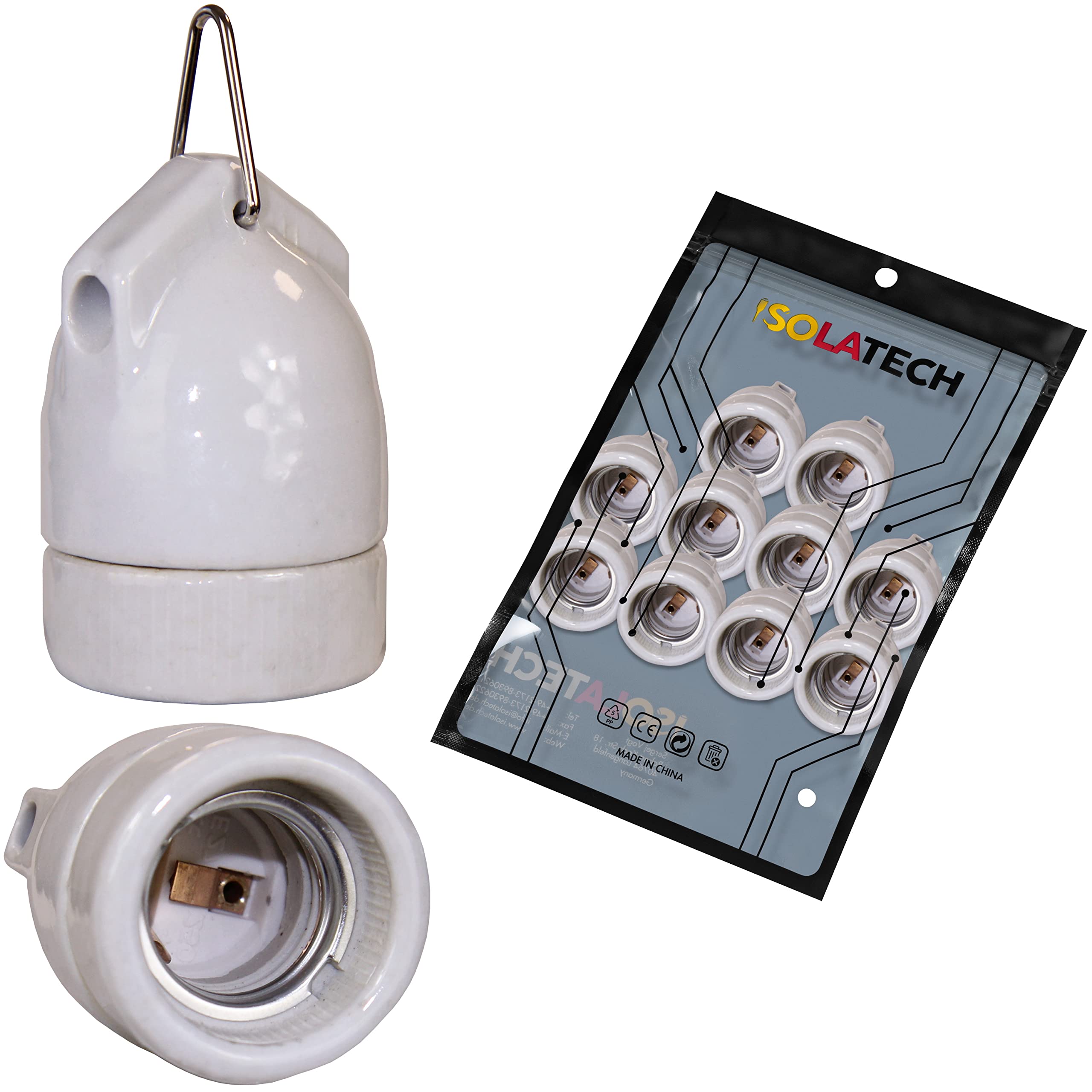 ISOLATECH 10x Casquillo E27 Colgante de Cerámica con Ojal de Metal | Máx. 250V/4A, Para bombillas LED y de bajo consumo, Resistente al calor, Para lámpara de techo, baño e instalación