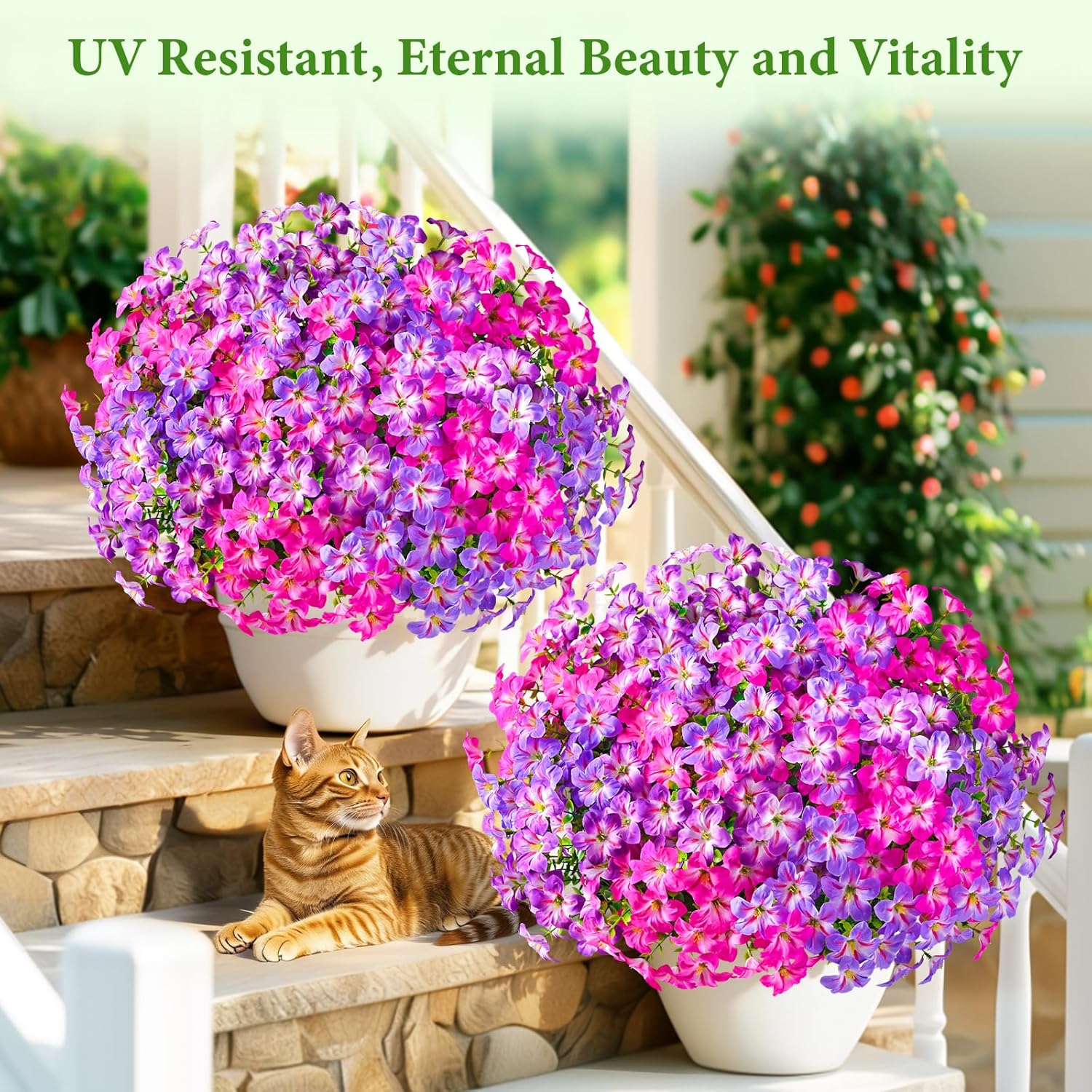 MARTINE MALL 24 Bundles Look Real Artificial Flowers for Outdoors, Fake Outdoor Flowers, UV Resistant Silk Petunia Flowers for Outside Faux Flowers for Outdoor Garden, Fuchsia & Purple & Rose Red