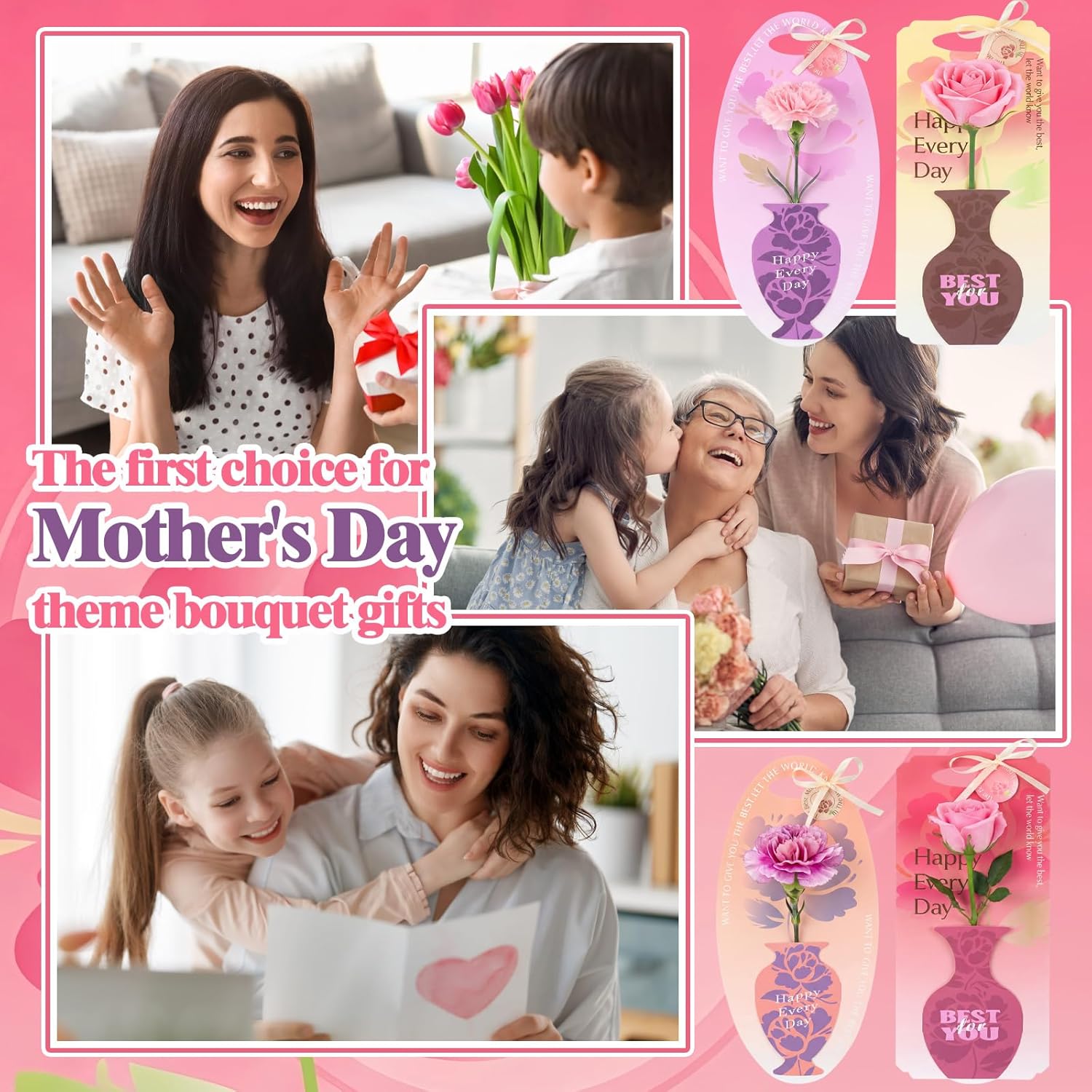 Gueevin 24 Pack Mother's Day Flower Bouquet Gift Boxes Single Rose Carnation Floral Cards Sleeve Gift Packaging with Tags Ribbon 4 Styles Flower Insert Card Holder for Mother's Day Floral Arrangements