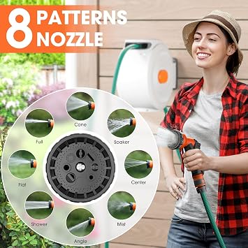 Retractable Garden Hose Reel - 1/2 inch x 100ft Wall Mounted Hose Reel with 3/4 inch Brass Fitting & 8 Function Sprayer Nozzle - Any Length Lock, Auto Rewind System, 180Swivel Bracket