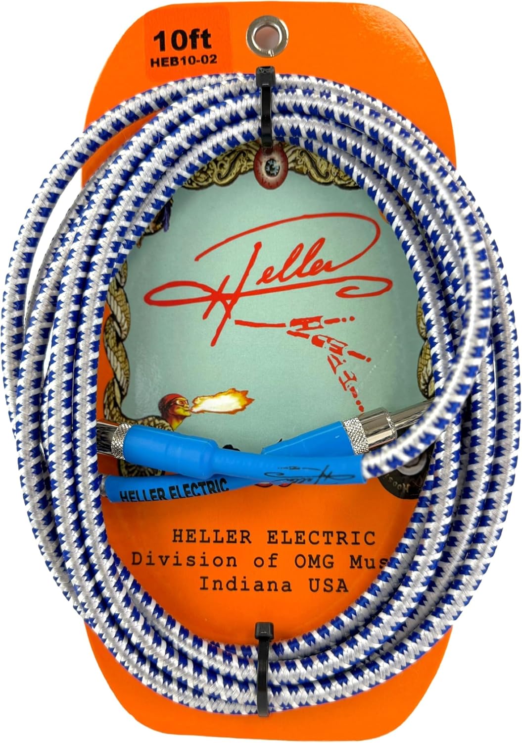 Heller Electric Braid-Matrix ギターケーブル 10フィート ホワイト/ブルー 1/4インチ ストレート-