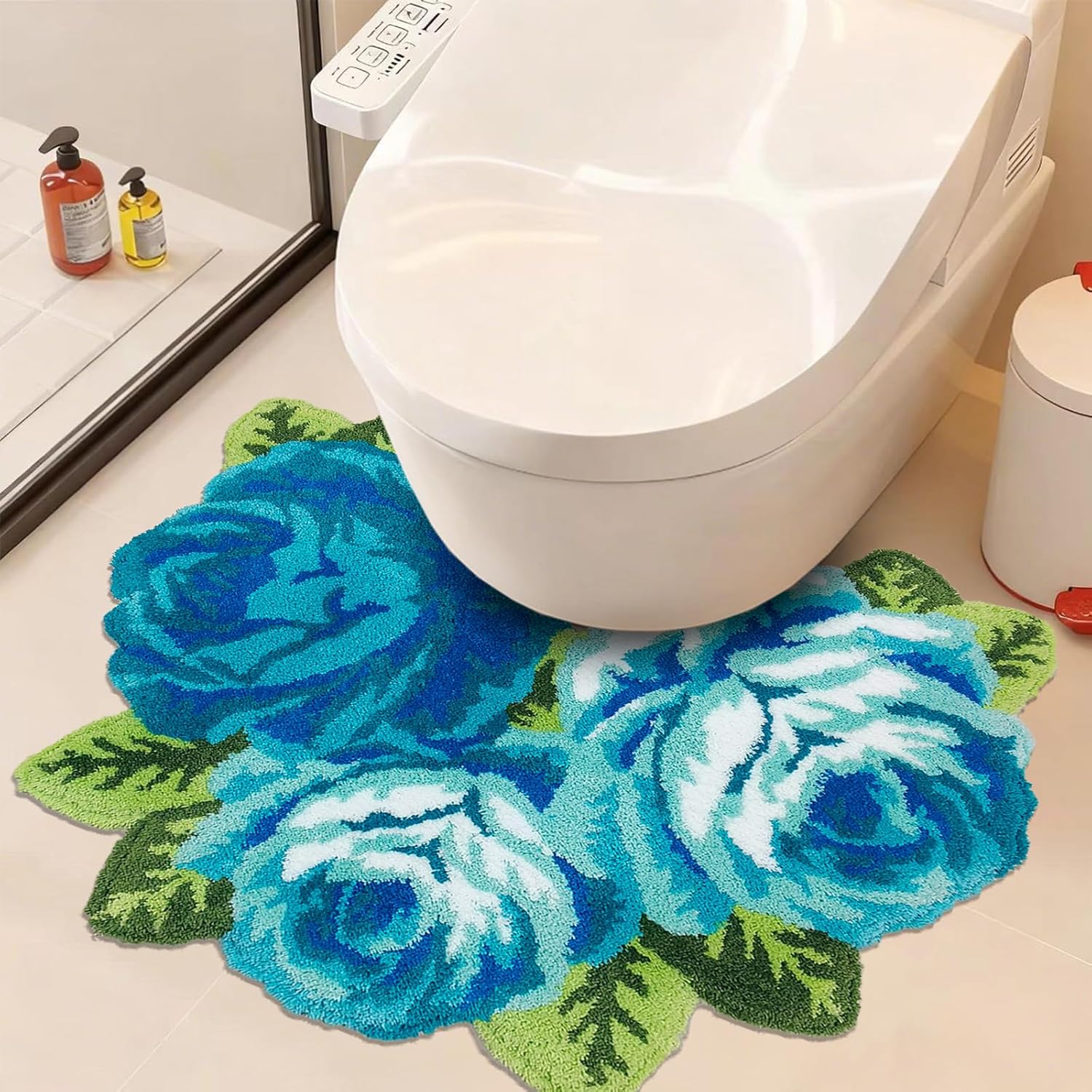 USTIDE U-Shaped Bathroom Rug, Non Skid Thick Toilet Mats Shaggy Blue Rose Absorbent Bath Mats Farmhouse Decor Kitchen Mat Laundry Rug