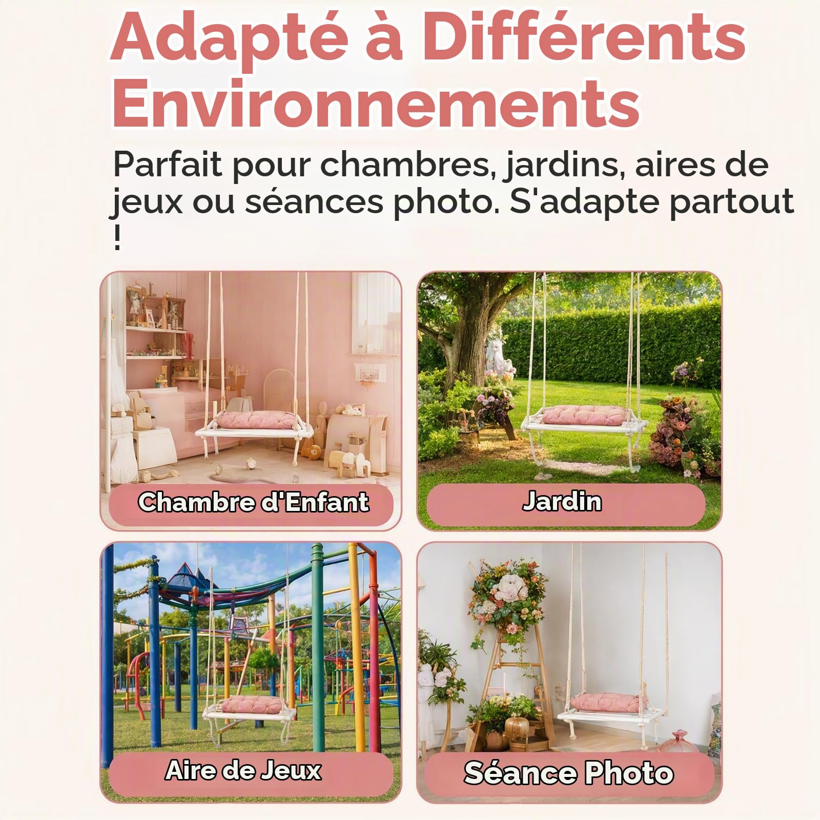 Fauteuil suspendu avec coussin épais - Balançoire en bois épais - Balançoire suspendue rose - Support intérieur/extérieur - Capacité 50 kg