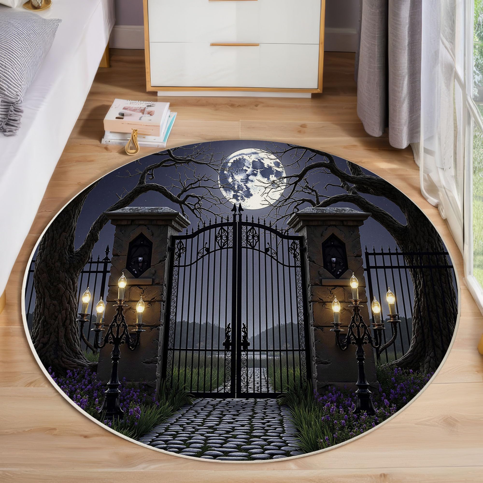 Tapis Rond Imprimé Porte en Fer Lune, Mystérieux Gothique Antidérapant Décoration Bleu Foncé Tapis de Sol, pour Chambre d'enfant Salle de Jeux Salon Chambre Cuisine Balcon 120cm