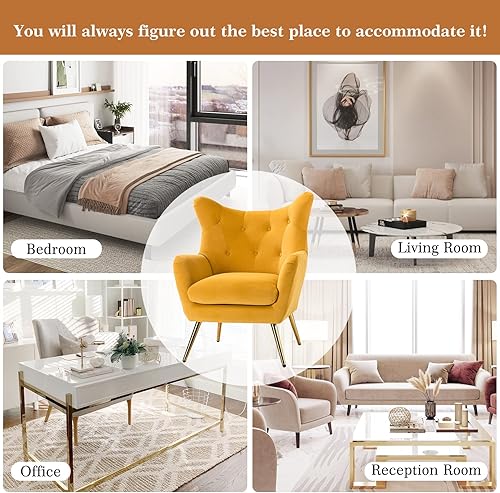 Miniatura 6 de Silla decorativa de terciopelo, moderna silla con respaldo de ala con patas metálicas doradas, silla de sofá individual tapizada de terciopelo para