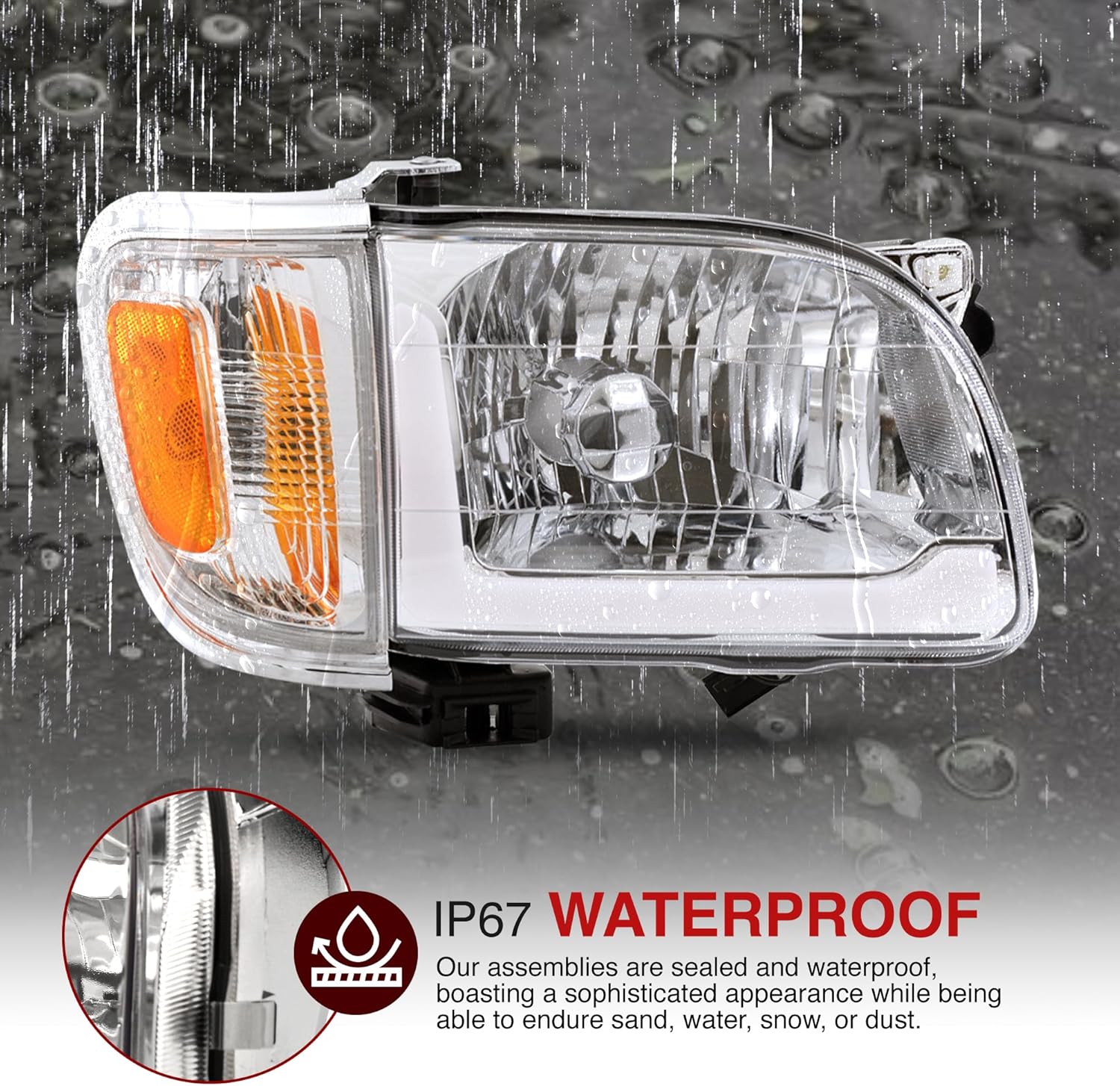 AJP Distributors LED DRL Bar Tube Headlights Assembly + Bumper Corner Signal Lamps Lights Left Right Pair Lens Compatible/Replacement For Tacoma 2001-2004 (Chrome Housing Clear/Amber Reflector)