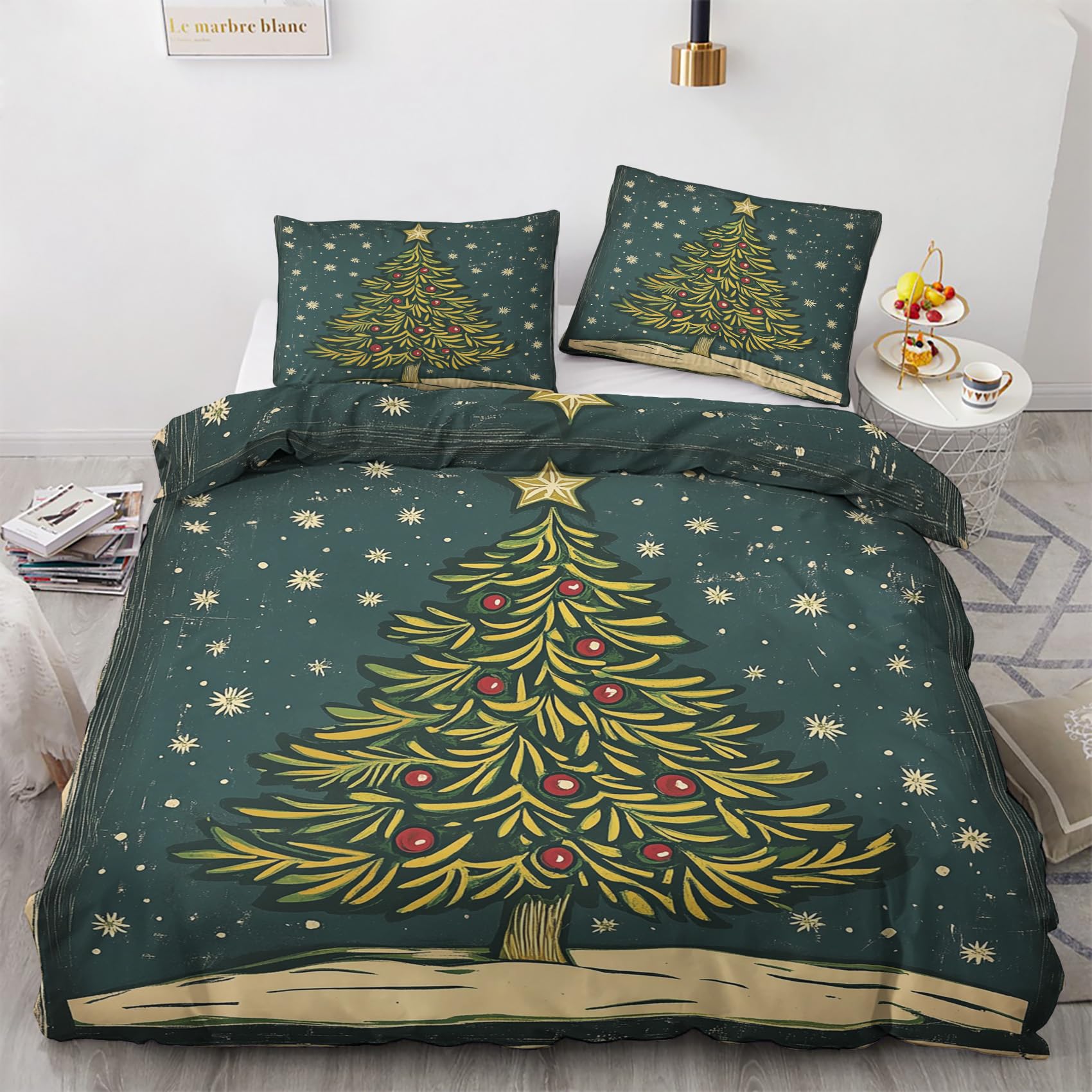 NOGAWA Christmas Tree King Size Duvet Cover Sets - Green Xmas Bedding Set - Reversible Quilt Cover & 2 Pillowcases with Zip and Ties, Soft and Non Iron Brushed Microfibre Bed Set 230x220