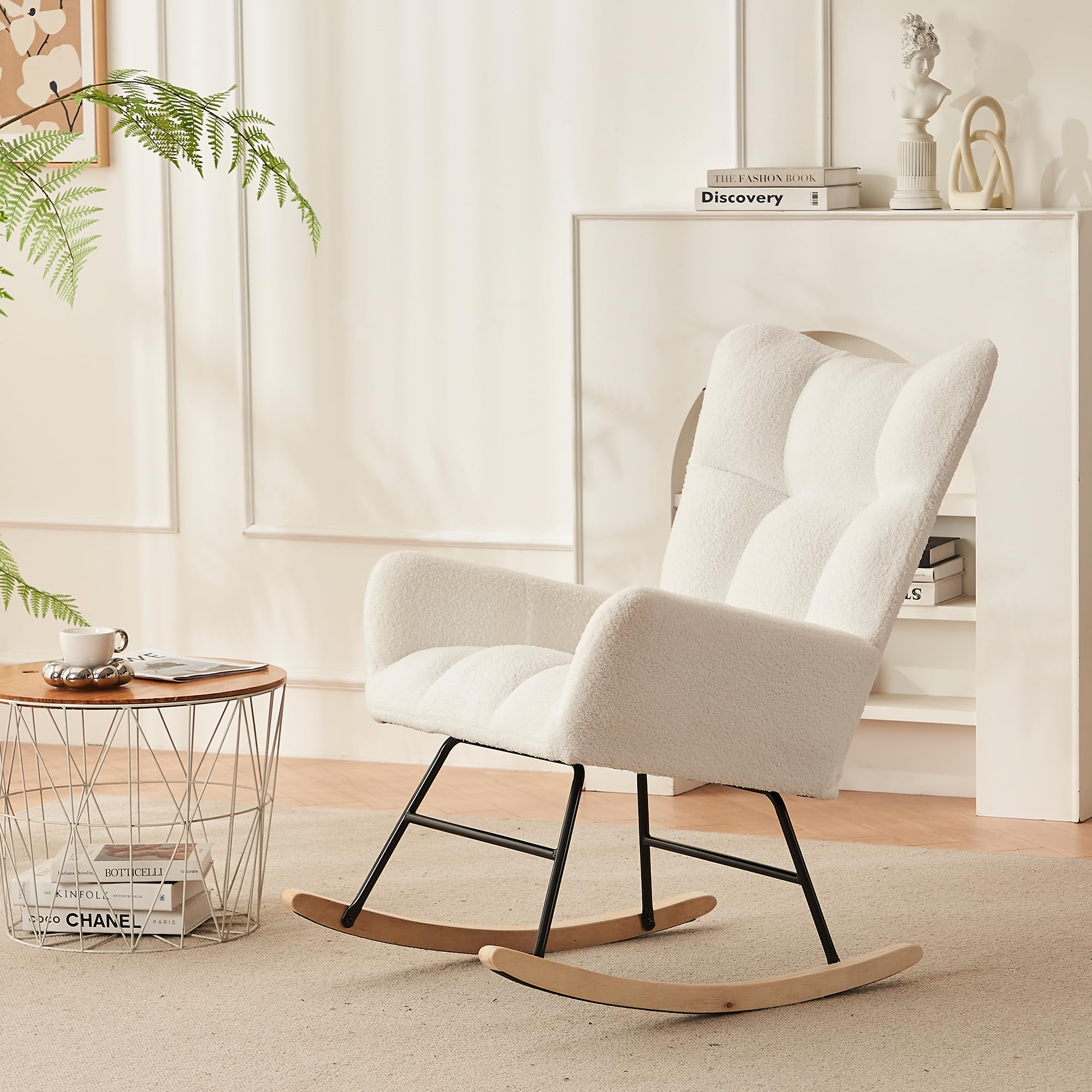 Mecedora, mecedora, sillón de lectura, sillón con respaldo alto y reposabrazos, de terciopelo de peluche, para salón, dormitorio y patios, 95 x 53,5 x 91 cm (blanco)