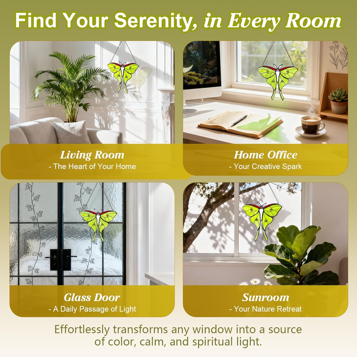 Luna Moth Stained Glass Window Hanging - Handmade Real Glass Suncatcher for Meditation Room, Spiritual Decor, Sun Catcher for Windows, Vibrant Gift for Women & Mom, 7.3 Inch Glass Art (Green02) - Image 5