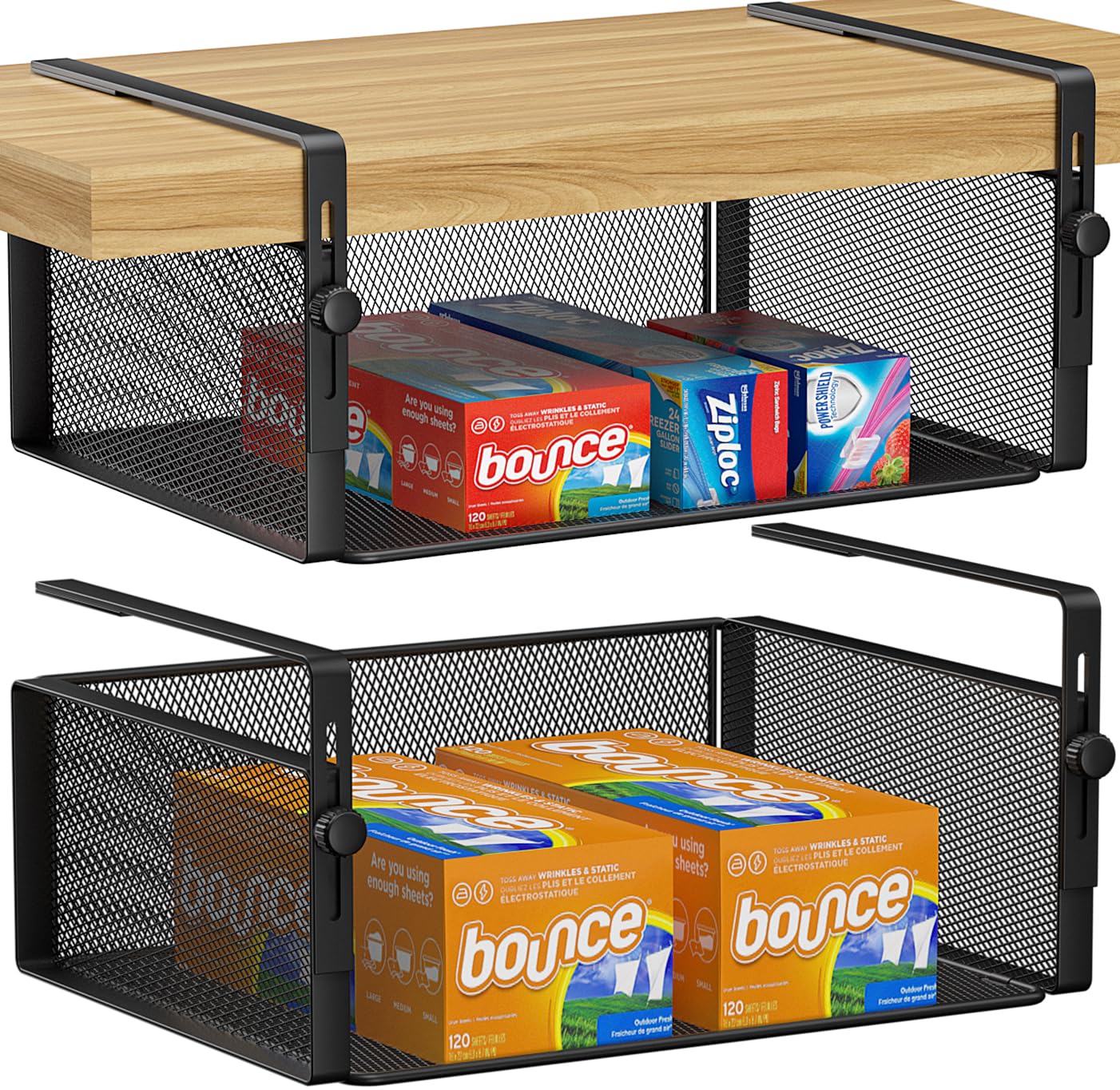 2Pack Under Shelf Basket Organizer,Adjustable Hanging Holder for Cabinet Pantry Kitchen Cupboard Desk Counter Bookshelf Organization Add-on Space Saver Heavy Duty Slide-in (Black, Large)
