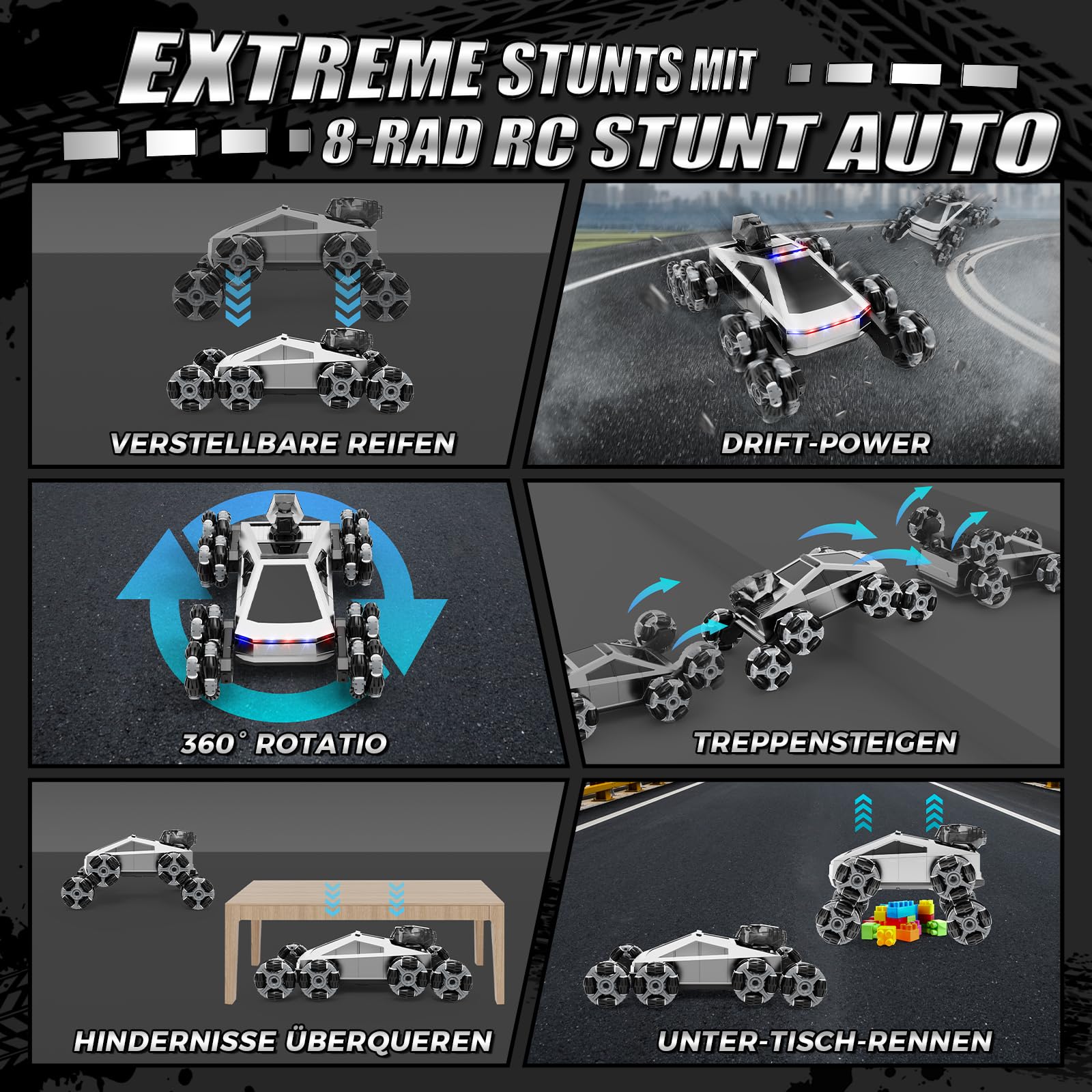 Ferngesteuertes Auto 8 Rad RC Stunt Car, 8WD RC Car, mit Handsteuerung & Fernbedienung, LED Licht Musik Sprühnebel, RC Car für Kinder 5 6 7 8 9 10 11 Jahre, geburtstagsgeschenk für Jungen und Mädchen