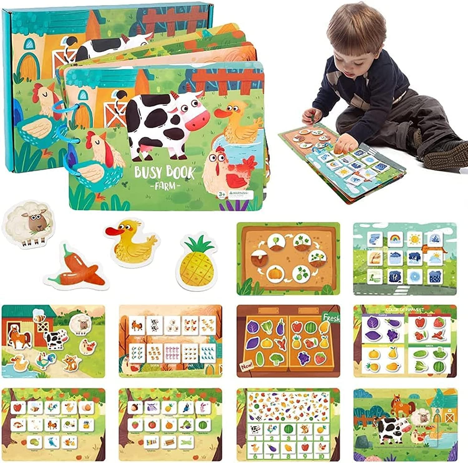 FLAFARY Busy Book for Toddlers, 10 Themes Preschool Learning Activities Quiet Book,Toys Toddler Activity Educational Busy Book for Toddlers to Develop Learning Skills(Farm)