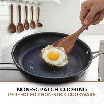 Wooden Spoons for Cooking 6 Pcs, Teak Wooden Utensil Set with Hanging Hooks | Smooth, balanced pieces that protect nonstick pans; won't crack or hold odor; sustainable, non-toxic and easy to wash