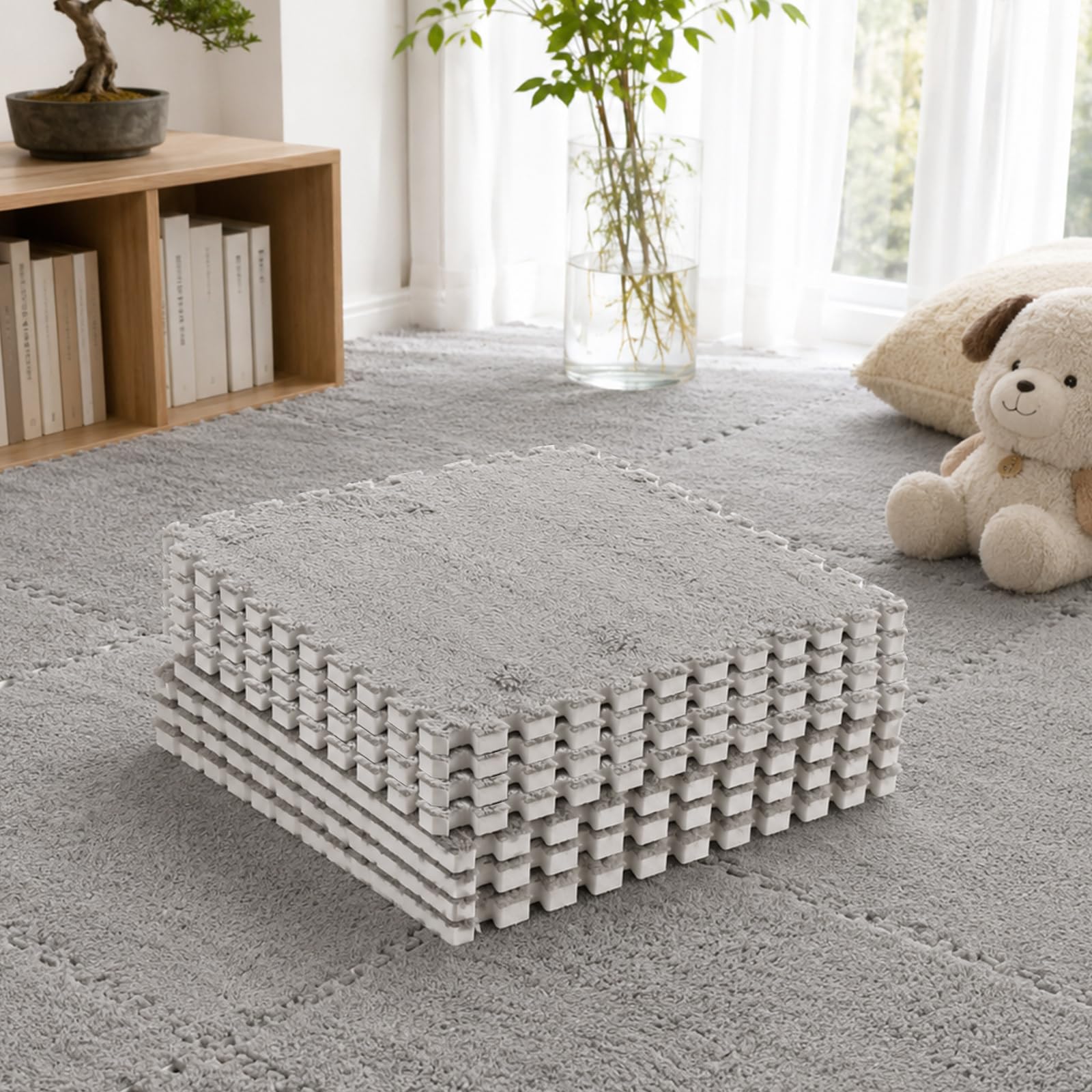 Oungy 20Pcs Plush Crawling Mat, 30x30cm Carpet Puzzle Floor Tiles, EVA Foam Plush Interlocking Carpet Tiles, Non-Slip Puzzle Carpet Fluffy Floor Tile for Bedroom, Living Room - Grey