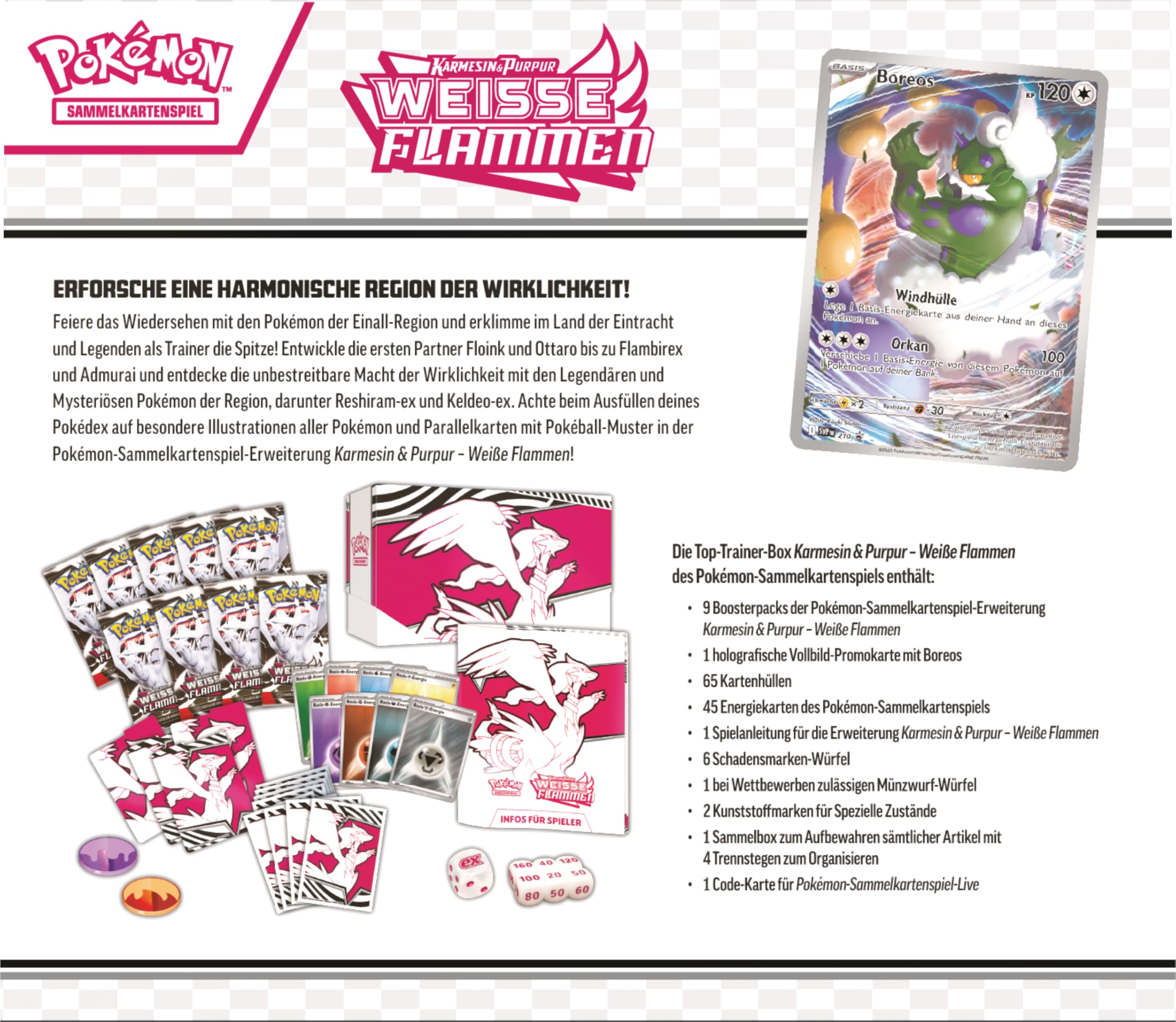 Pokémon-Sammelkartenspiel: Top-Trainer-Box Karmesin & Purpur – Weiße Flammen: Reshiram (1 Vollbild-Promokarte mit Boreos, 9 Boosterpacks & Zubehör)