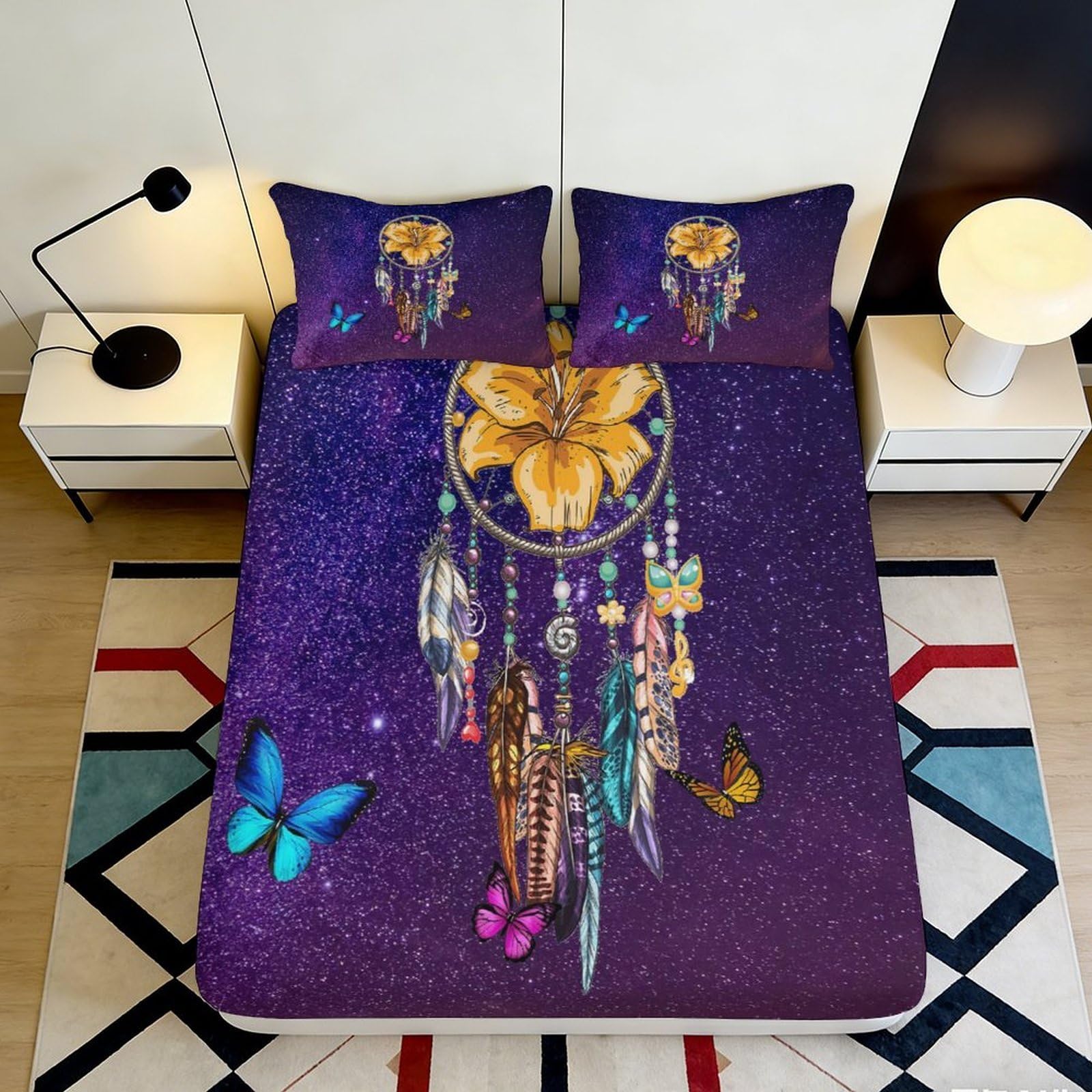 3D Printed Dreamcatcher Fitted Sheet Microfiber Purple Butterfly Mattress Cover for Bedroom Dorm Decorative Protection 90x200x25cm